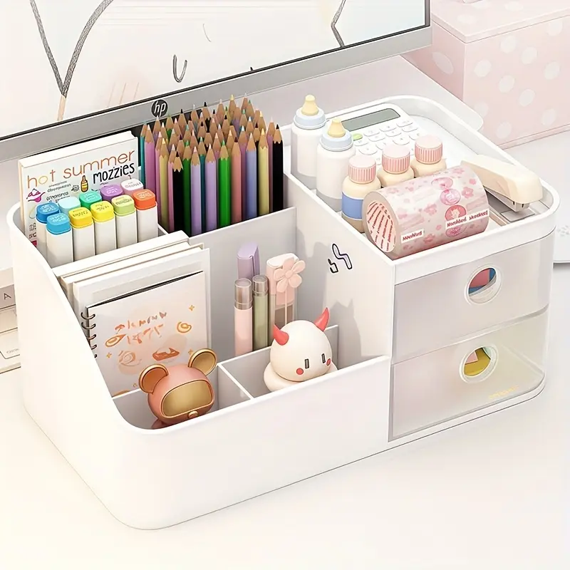 A multi-compartment tabletop storage box, Table organizers, with six compartments and two drawers that can be used as a multi-function stationery pen holder, office supplies storage box, and notebook and pencil storage in bedroom desks or drawers