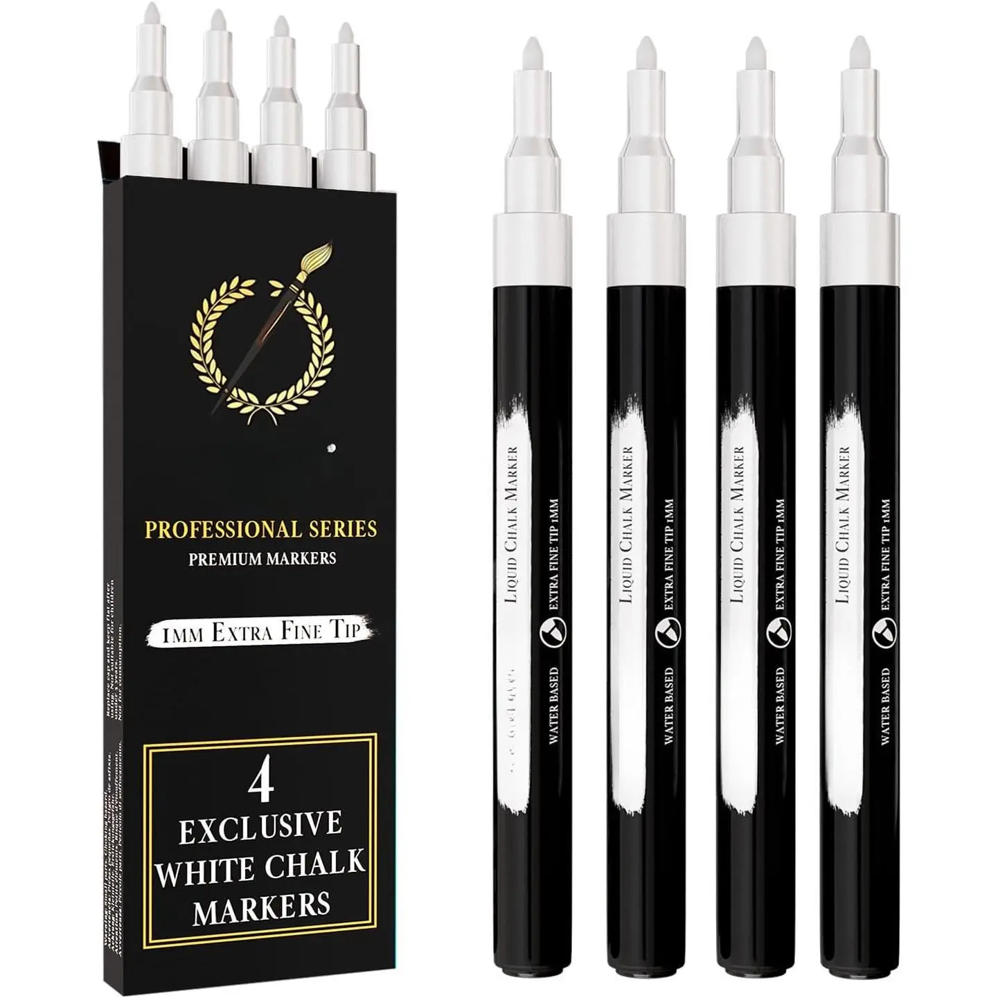 4 Extra Fine Tip White Chalk Markers | 1mm Tip | For Windows, Blackboard, Dry Erase Board, Chalkboards, Glass, Easy Erase | White Chalk Pens Fine Tip