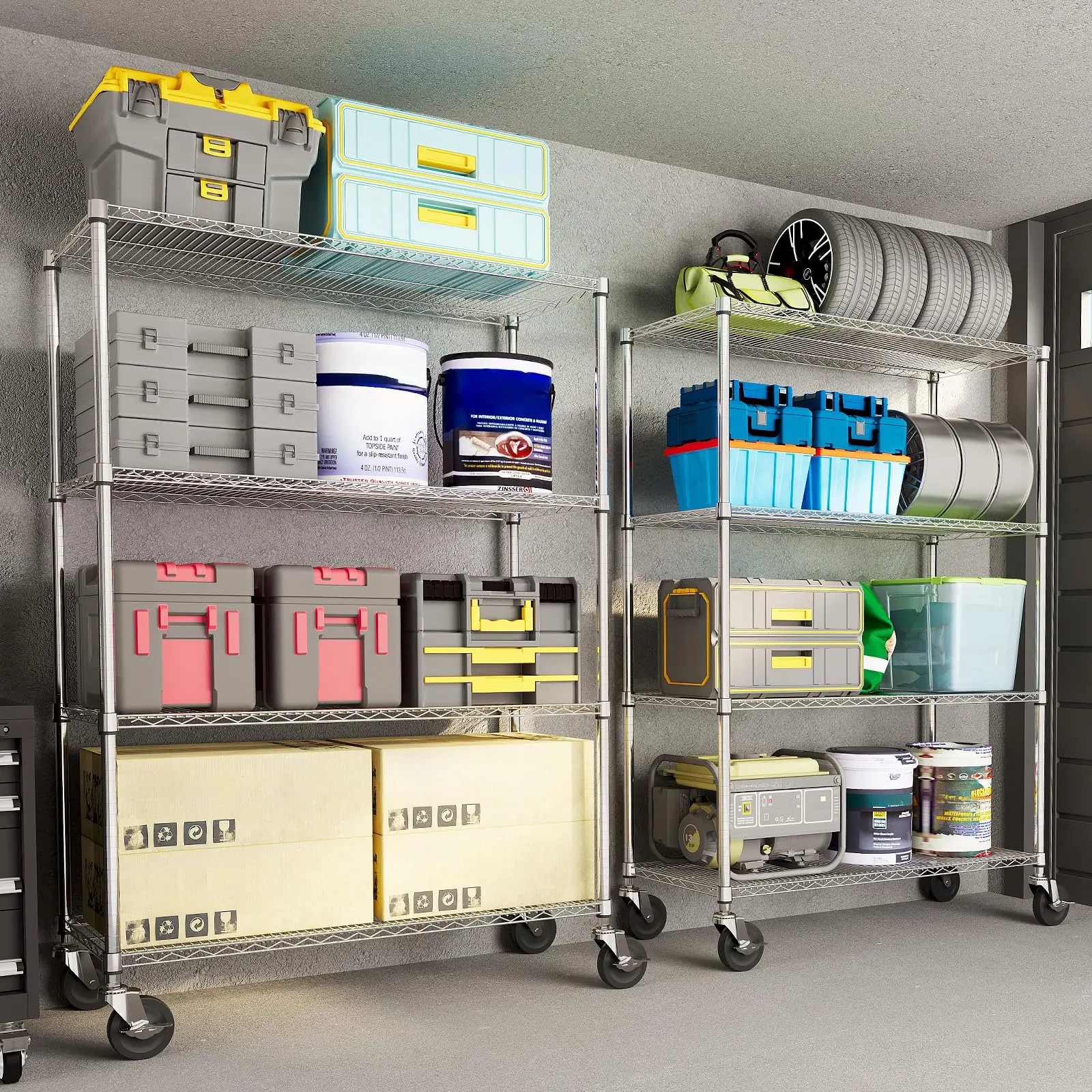 Industrial Heavy-Duty 5/6-Tier Adjustable Chrome Steel Standing Shelf Organiser with Lockable Wheels, 2000-2640lbs Capacity Storage Unit (47×18×71in) for Garage, Kitchen, Carbon Steel