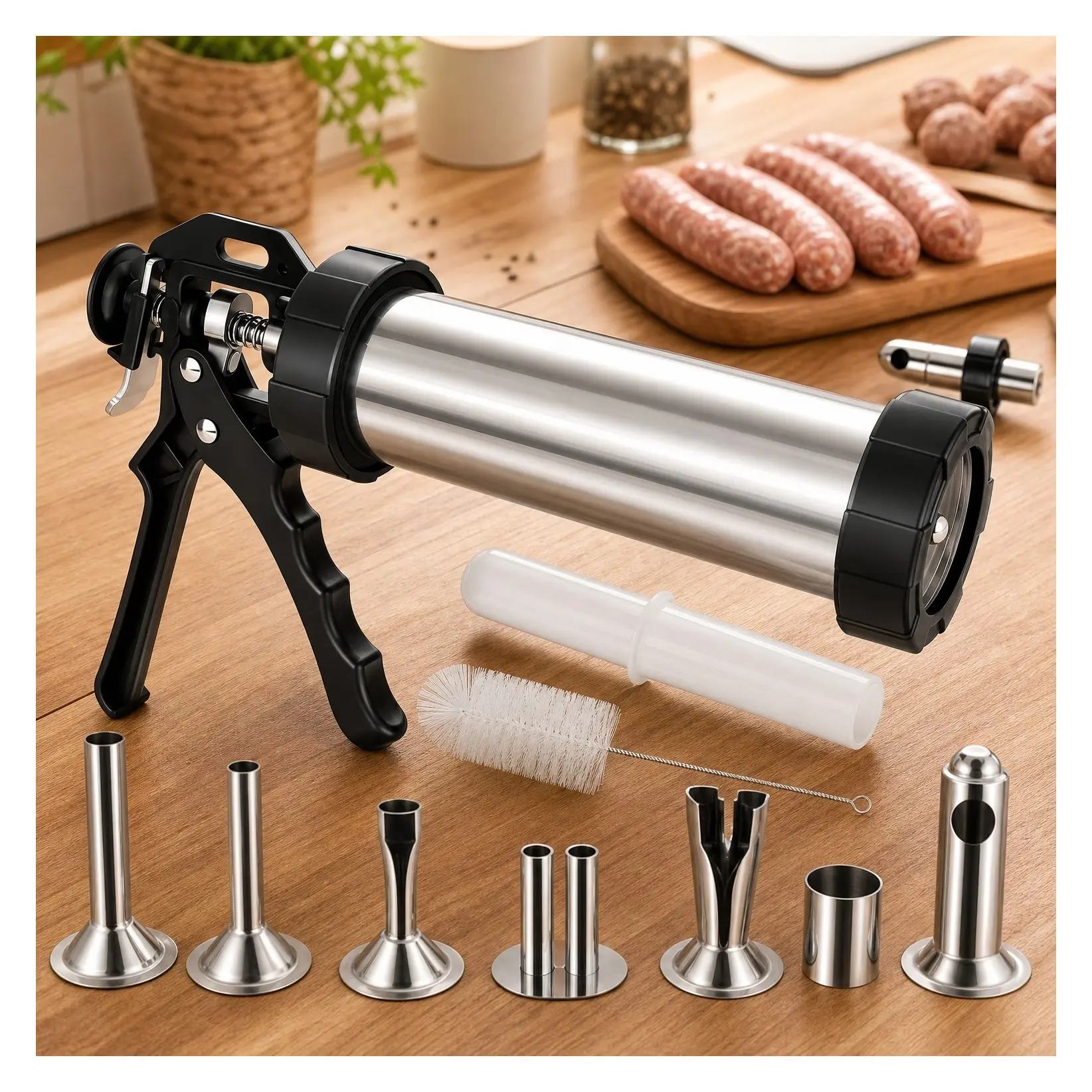 5th Gen 2.5 LB Jerky Gun Kit, Meatball Maker, Stainless Steel Sausage Stuffer with 6 Nozzles, 2 Cleaning Brushes, 1 Stomper, Gift for Women MenGift