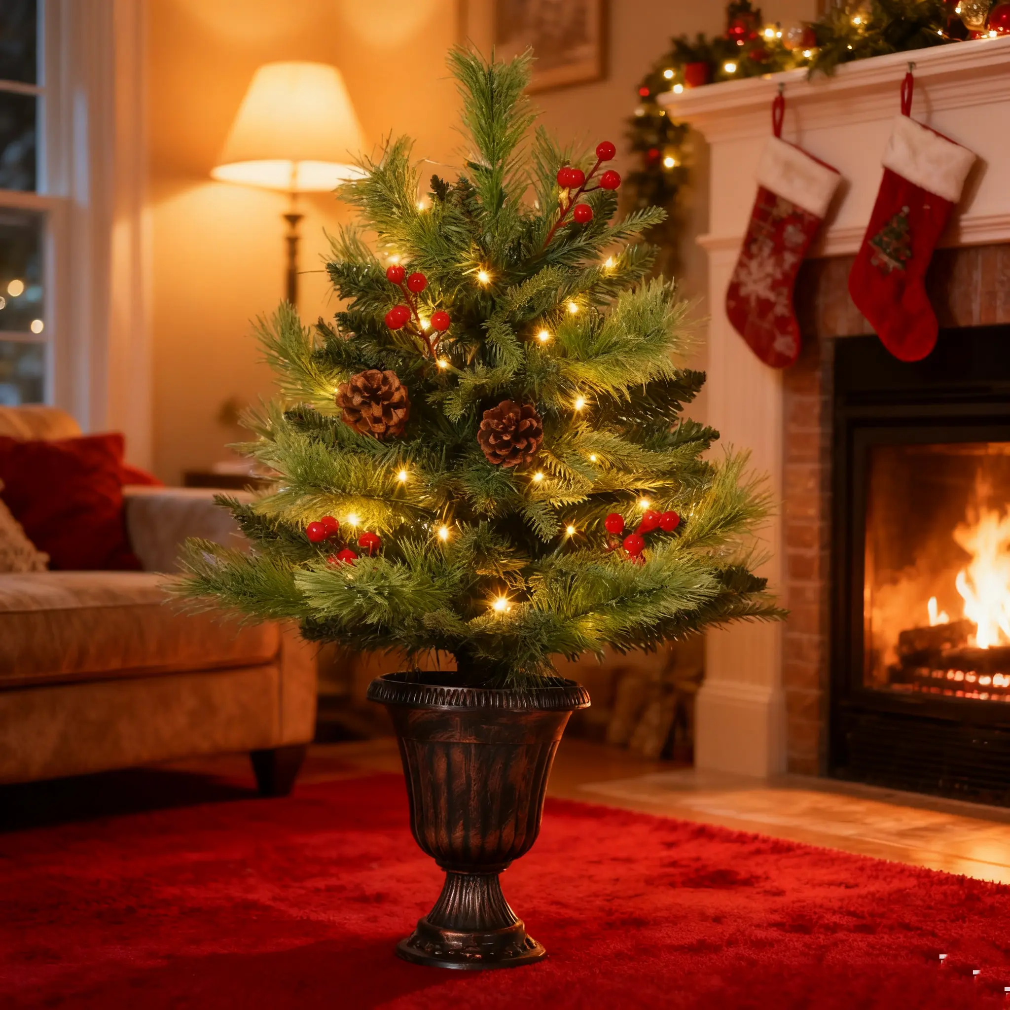 2Ft & 3Ft Christmas Decorations Premium Artificial Christmas Tree Potted Tabletop Set Decorated with Pine Cones & Red Berries, Plug in Desktop Decor Perfect Choice for Home Office