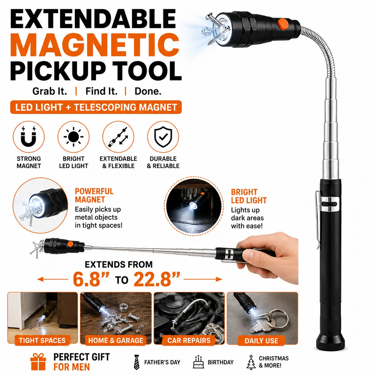 Portable Telescoping Aluminum Alloy Magnet Pickup Tool - Extends 23.6", Gooseneck Hose, LED Light On, Strong Magnetic Tip, Car Repair Tools for Garage, Practical Gift for Dad