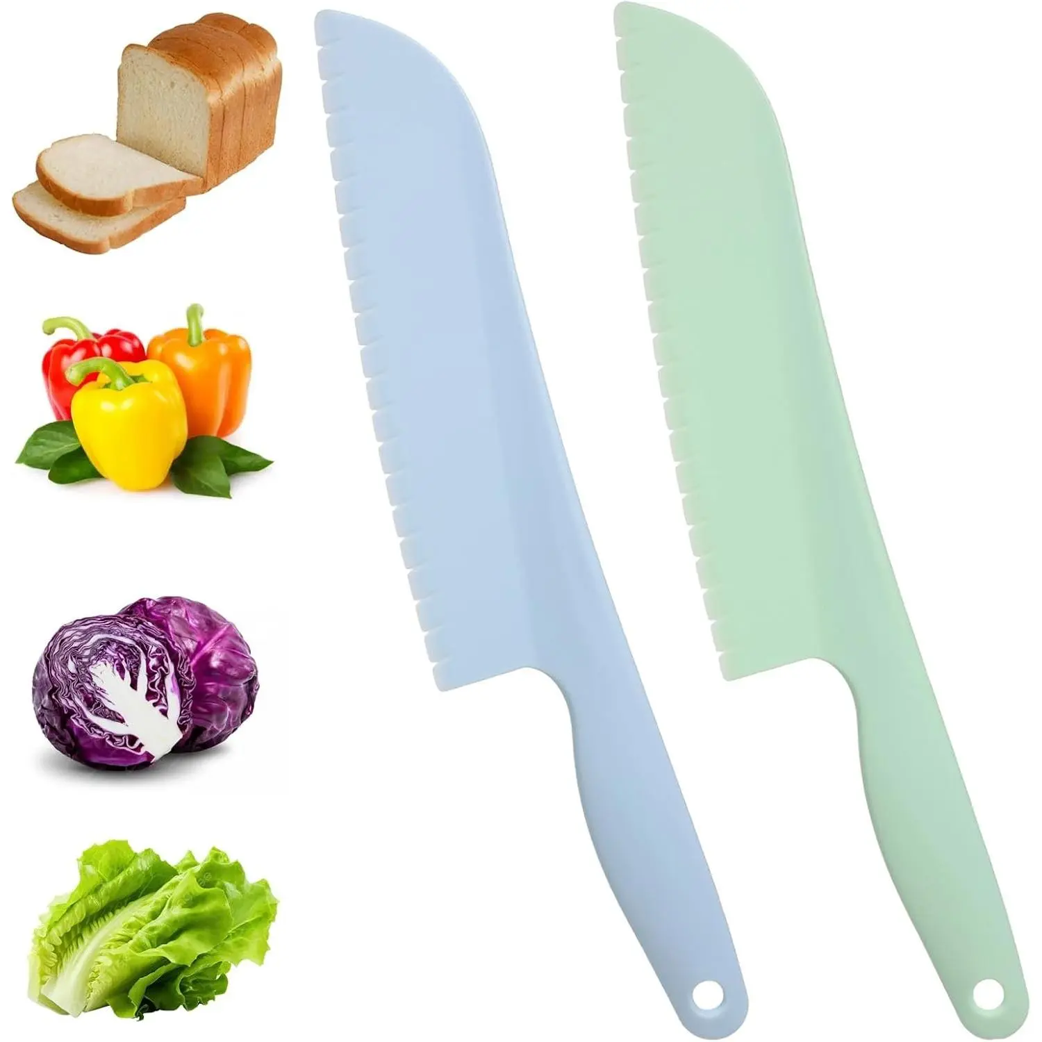 2PCS 11 Inch Professional Plastic Serrated Lettuce Knife Cutter Set, Kitchen Cooking Tool for Veggies Salad Fruit Cake Bread & More, Prevents Browning, Blue & Green