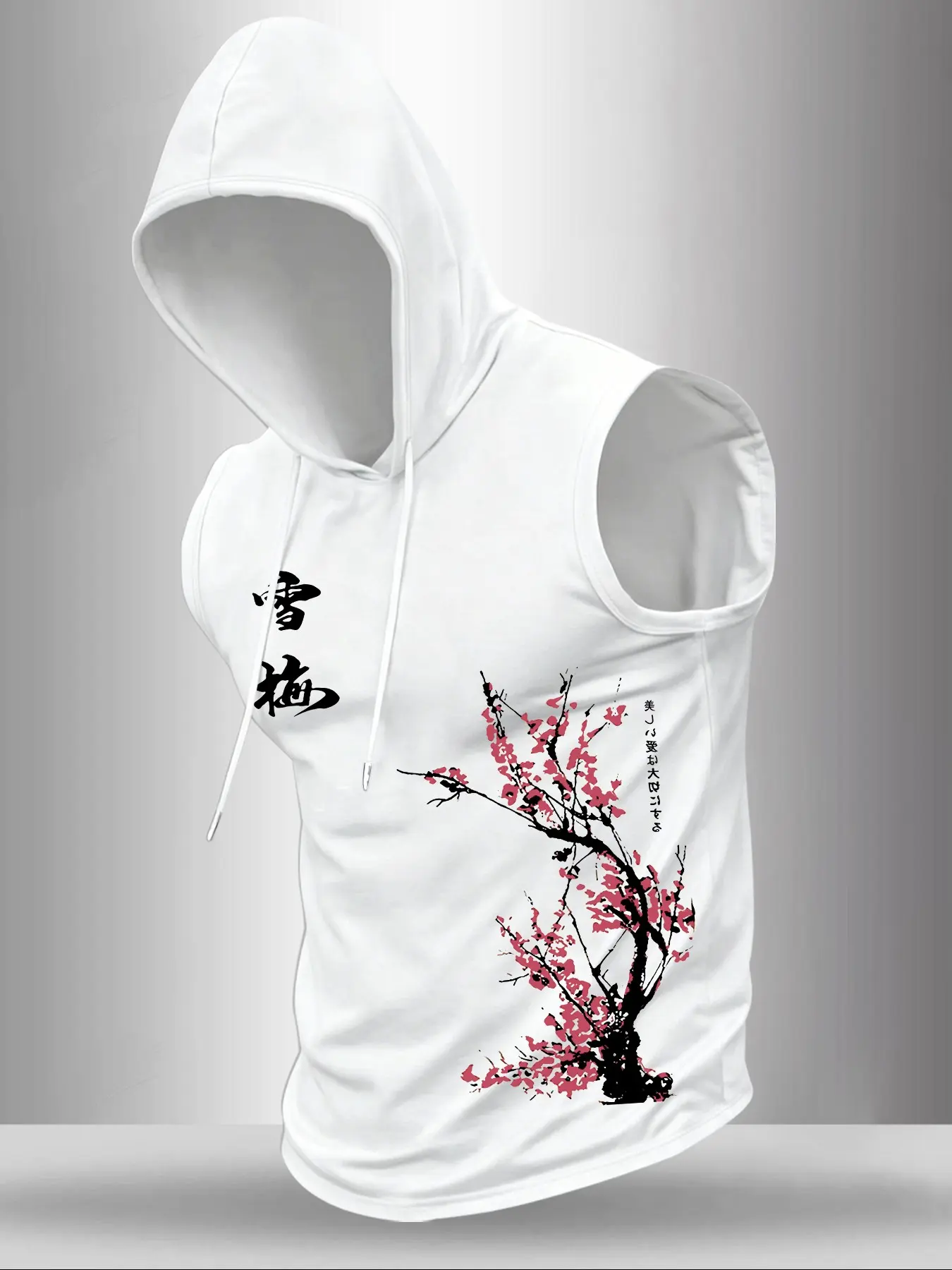 Mens Drawstring Sleeveless Hooded Tank Top Ink Wash Plum Blossom Oriental Calligraphy Chest Side Graphic Print Loose Fit Asian Streetwear Muscle Vest For Daily Urban Casual Leisure Outfit#OrientalHoodedTank #InkPlumBlossomVest #trendingtanks #fyp