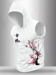 Mens Drawstring Sleeveless Hooded Tank Top Ink Wash Plum Blossom Oriental Calligraphy Chest Side Graphic Print Loose Fit Asian Streetwear Muscle Vest For Daily Urban Casual Leisure Outfit#OrientalHoodedTank #InkPlumBlossomVest #trendingtanks #fyp