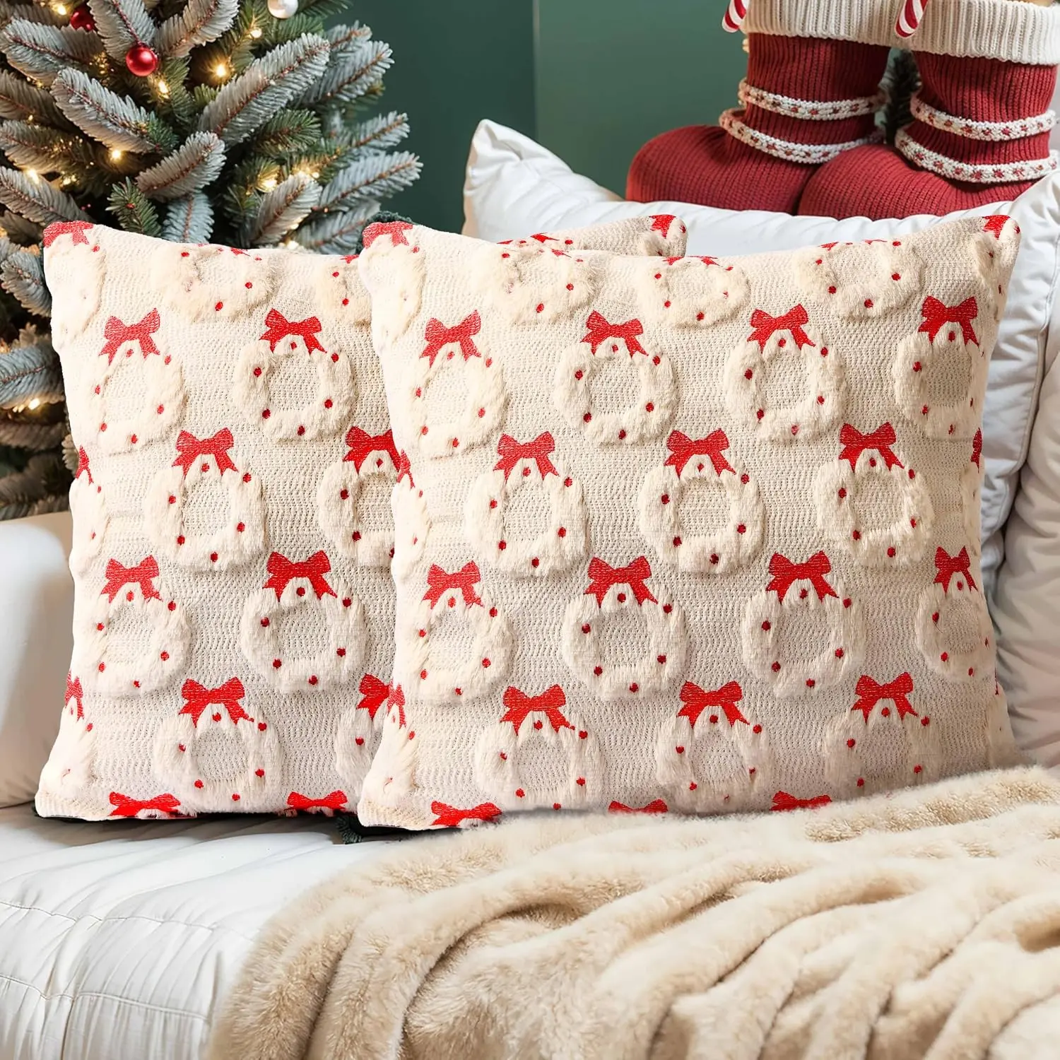 Christmas Pillow Covers Set of 2 Soft Plush Faux  Pillow Cases  Embroidered Decorative Couch Cover  Decor Christmas Throw Pillow Covers 18x18,Beige