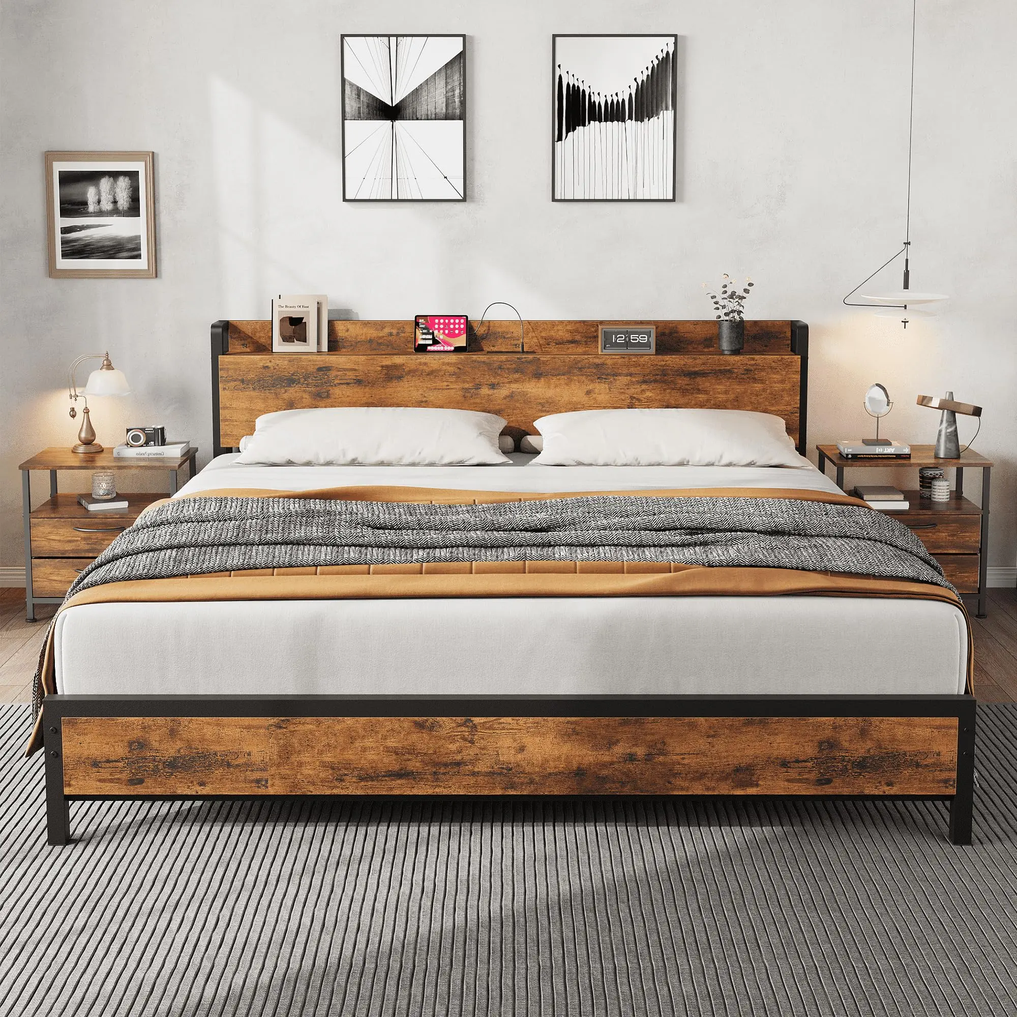 King Size Bed Frame with Storage Headboard and Charging Station - Heavy Duty Metal Platform with Wooden Accents - Built-in Power Outlets (2 USB Ports & 2 AC Outlets) - No Box Spring Needed - Easy to Assemble