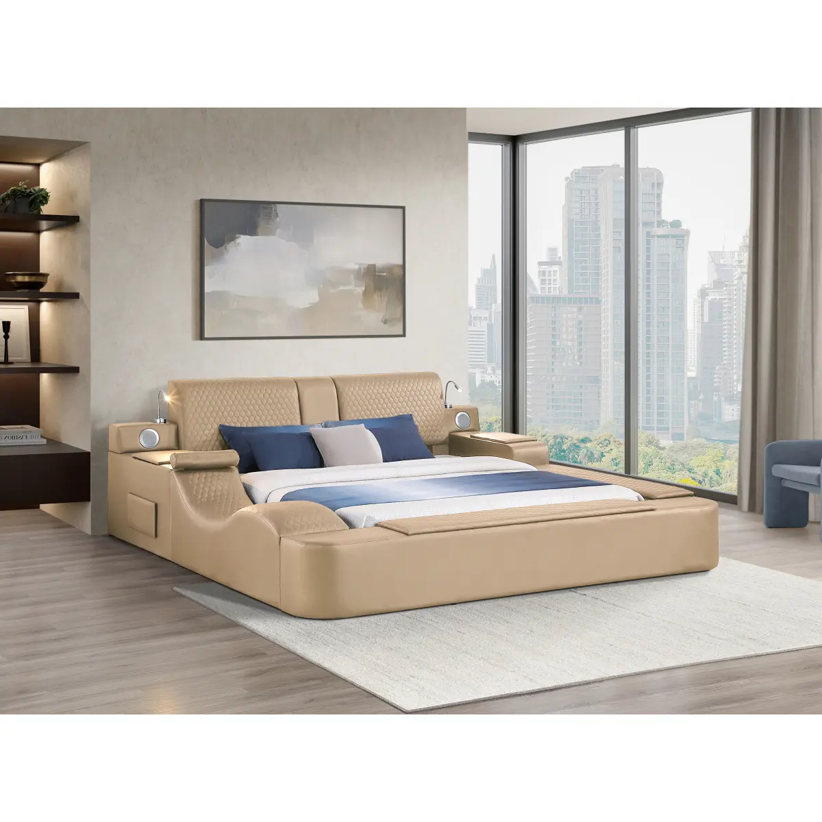 ZOYA Smart Multifunctional King Size Bed with Wood Frame, Massager, Faux Leather Upholstery, Caramel Color & Urban Look