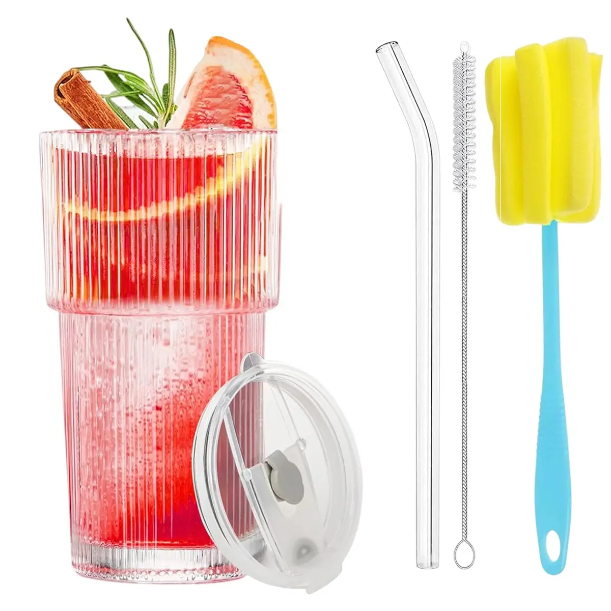 20oz/600ML Glass Cups with Lids and Straws, Set of 1 Vintage Classic Ribbed Glassware, Drinking Glasses Tumbler Iced Coffee Cup, Drinkware