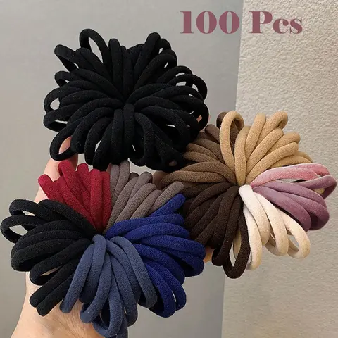 100 Pcs Women's Hair Ties, Assorted Colors (Black, Blue, Red, Khaki, Pink), No-Damage High-Elasticity Bulk Hair Ties, Simple and Elegant Design for Daily Wear, Work, and Travel
