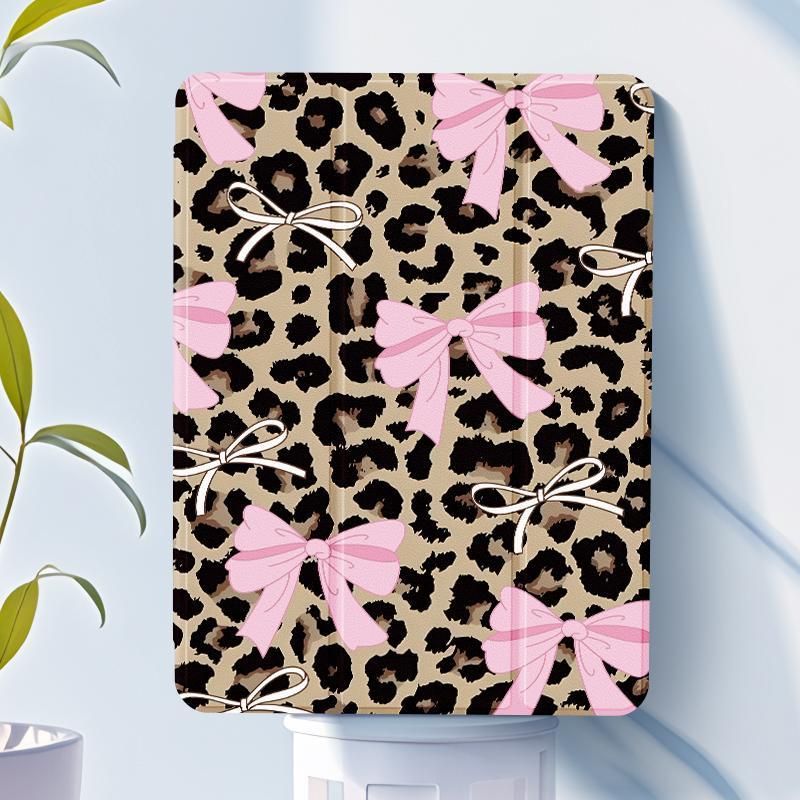 Cute bow and leopard pattern, with adjustable bracket and pen slot, foldable non-slip TPU protective case, suitable for iPad mini, iPad Air, iPad Pro/iPad 10th generation, 11th generation and other series iPad protective cases