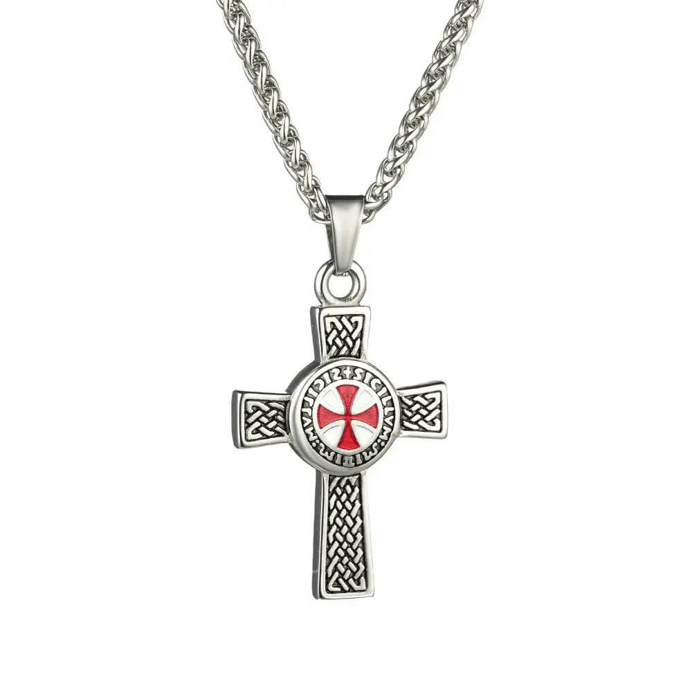 Knights Templar Celtic Cross Pendant Necklace - 2-Tone Stainless Steel Red Crusader Cross Unisex Stainless Steel Jewelry, Edgy Look 2-Tone Metal Accessory, Perfect Gift Choice