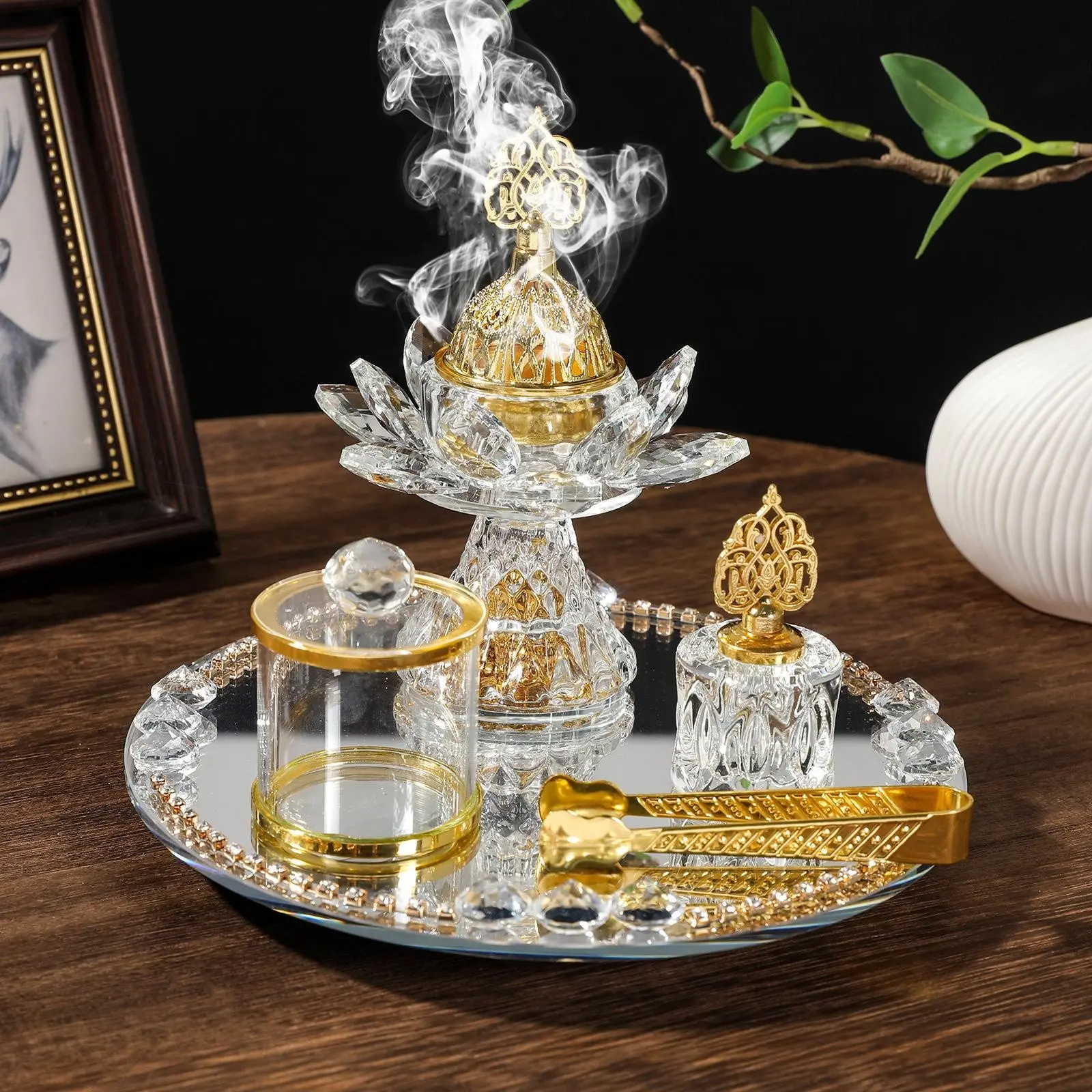 4-Piece Crystal Lotus Glass Incense Burner Set, Luxurious Diamond Muslim Incense Sticks, Home Wedding Decor, Crystal Incense Burner Kit