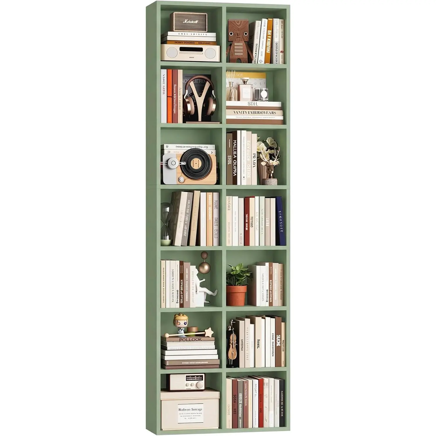 71'' Tall Bookshelf with 14 Cubes, 7 Tier Double Wide Bookshelf with 6 Adjustable Shelves, 19.6" Narrow Bookcase DVD/CD Media Storage Shelf, Space Saving Display Shelf Cabinet, Green