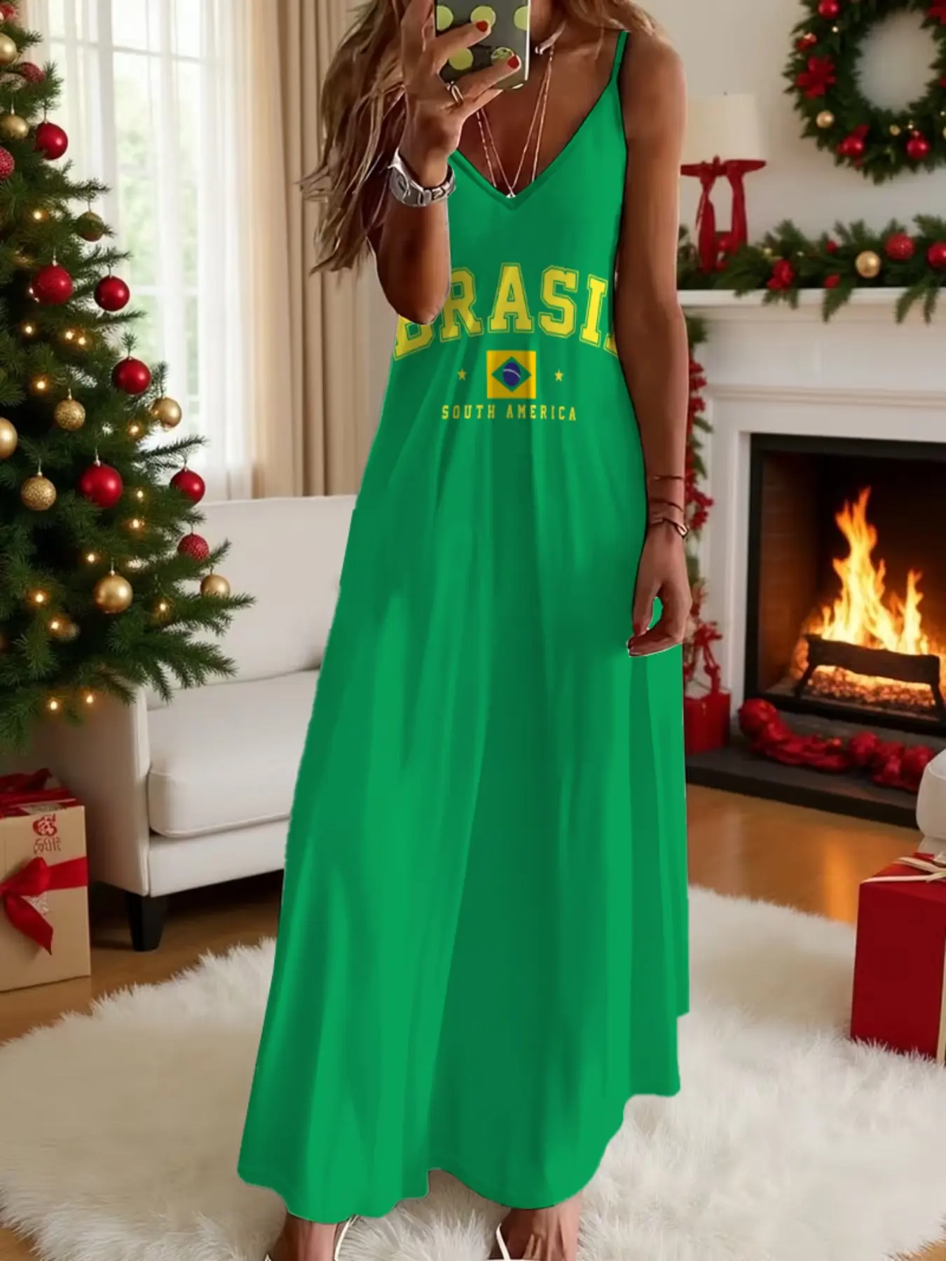 Brazil Flag Letter Print V-Neck Strap Dress, Summer Sleeveless Backless Long Dress, Casual Beachwear Home Beach Vacation Dress