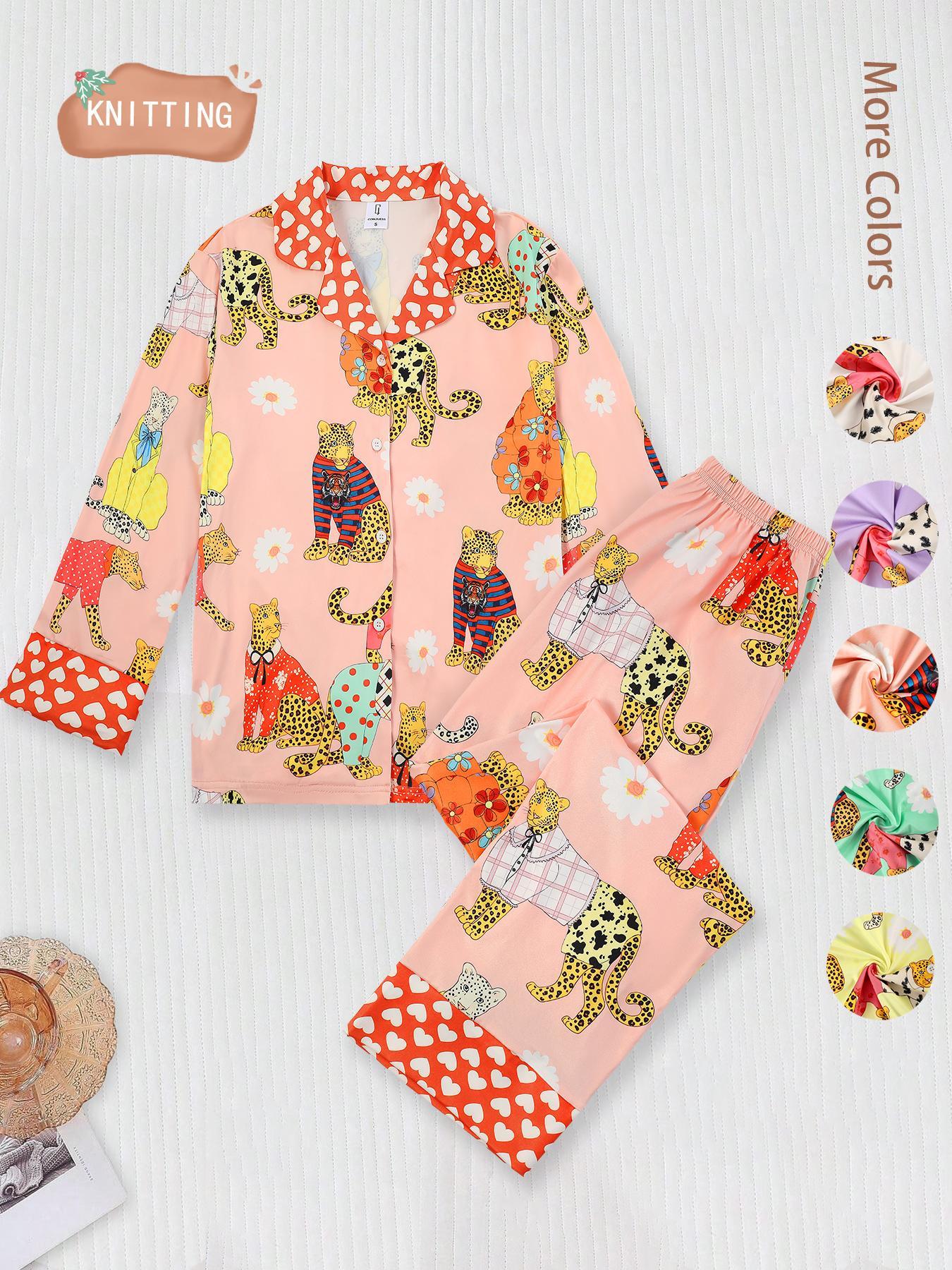 Two-piece Set Women's Heart & Leopard Print Lapel Neck Pajama, Long Sleeve Button Up Top & Elastic Waist Pants Pj Set, Casual Comfortable Sleepwear Loungewear Set for Women