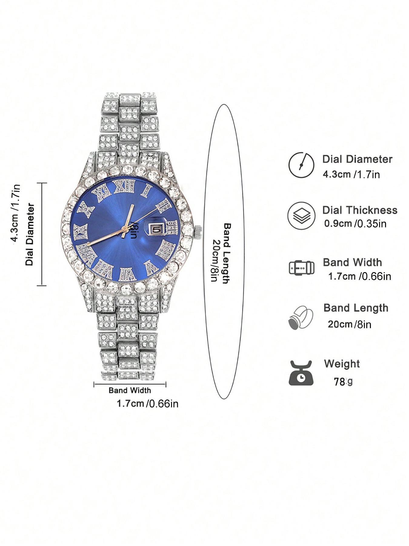 Men's Punk Style Rhinestone Decor Watch & Bracelet & Adjustable Cross Charm Necklace & Cuban Necklace, Trendy Jewelry Set, Exquisite As Gift with Box