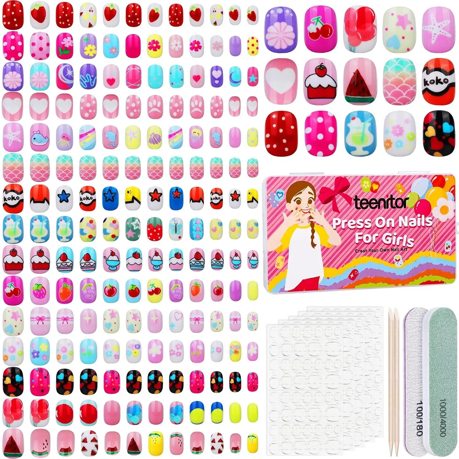 360 Pcs Press On Nails, 15 Styles 12 Sizes Press On Nails for Kids Girls 8-15 Years, Fake Acrylic Kids Nails with Nail Adhesive Tabs, Nail File Nail BufferGift