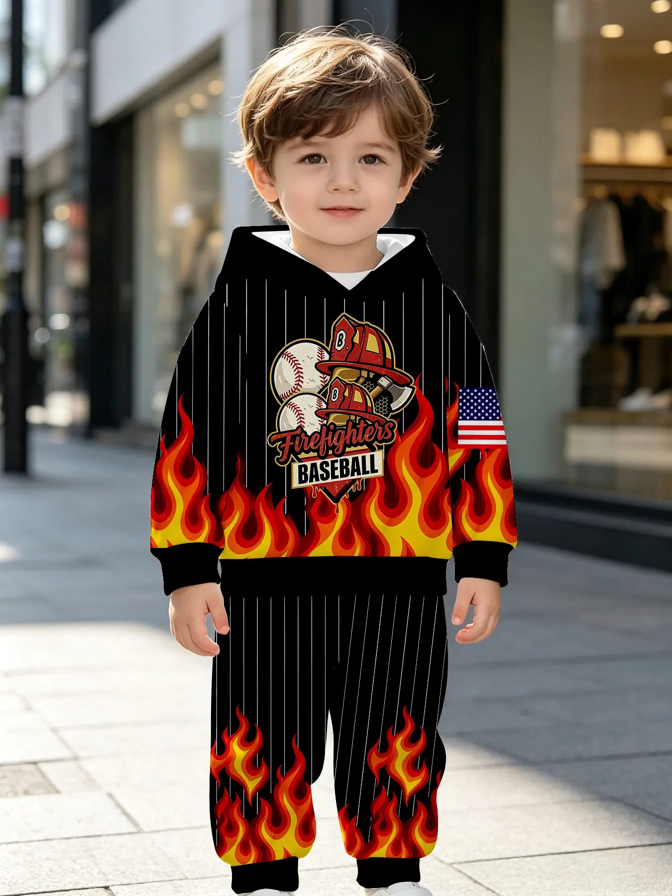 Boys' Vertical Stripe Firefighter Hat & Baseball Tee Set, Fall Winter Streetwear, Perfect for Parties, Gifts, Birthdays