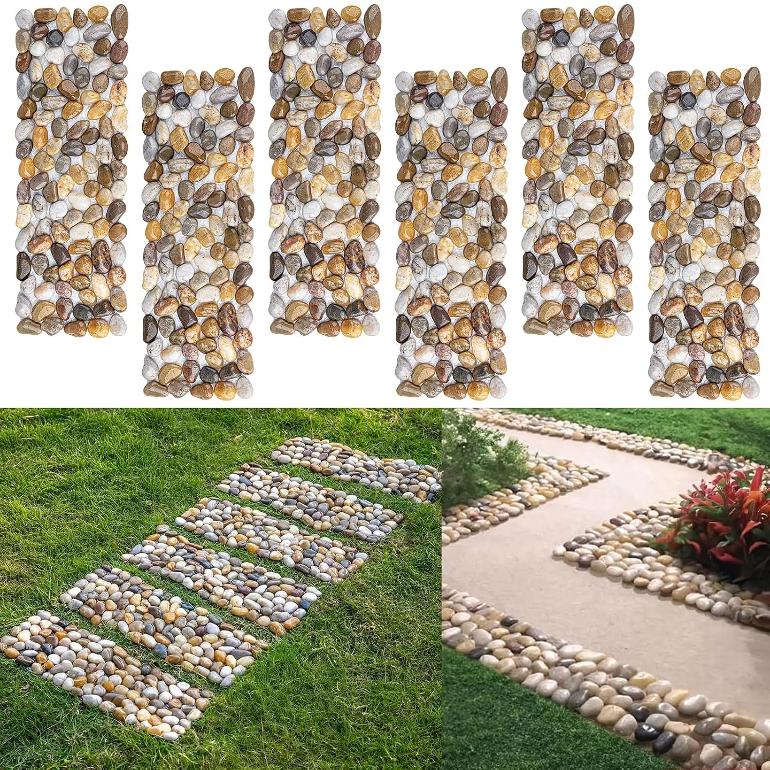 6 count River Rock Stepping Stones, 16" L x 5.5" W Rectangles  Outdoor Pavers  Polished Gravel for Garden Walkway Pathway