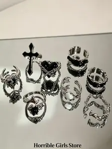 8 Pcs Punk Gothic Silver Irregular Heart Cross Open Ring Set, Costume Rings, Unisex Retro 90s Garbage Rock Jewelry, Fashion Accessory