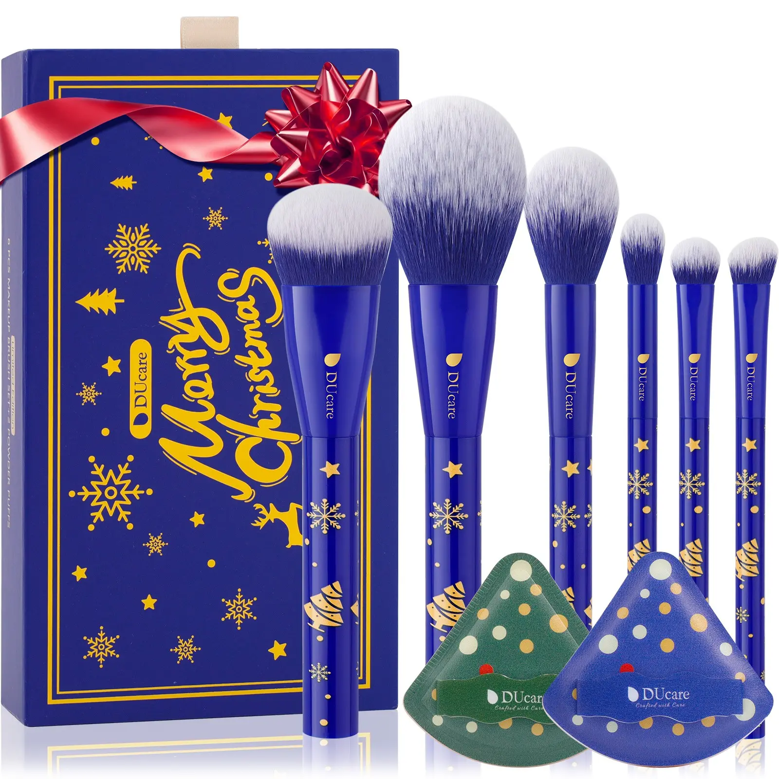 DUcare 8Pcs Makeup Brush Set for Beginners, 6Pcs Face Eye Brushes + 2Pcs Wet Dry Puffs, Soft Synthetic Bristles Non-Irritating, Complete Kit with Printed Gift Box