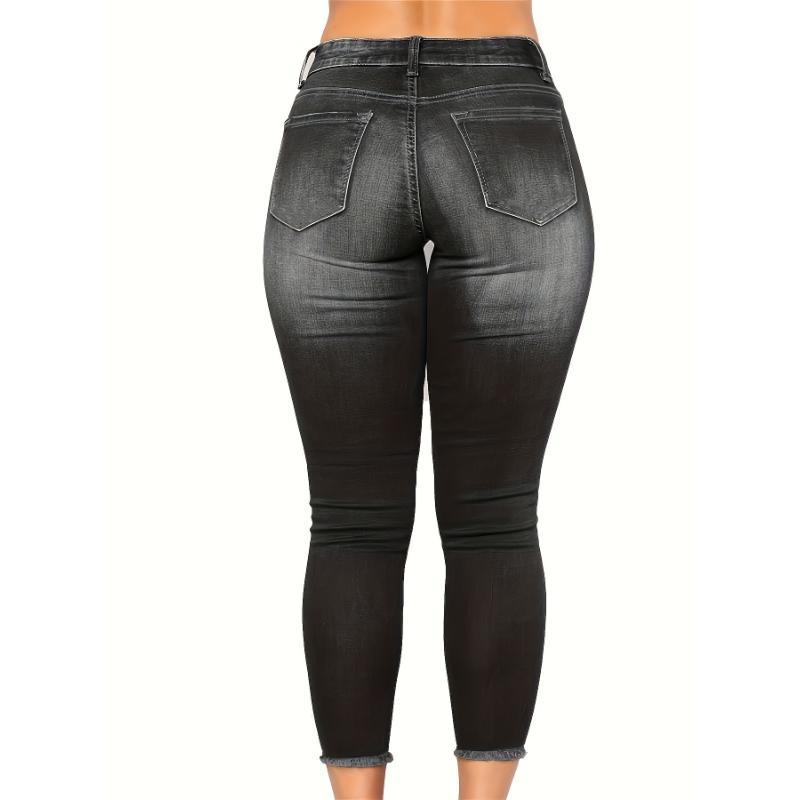 Stretchy Women's Skinny Jeans, Butt Lifting Distressed Denim Pants with Pockets and Ripped Hole Trousers Womenswear Bottom Vintage Polyester Fabric Slim