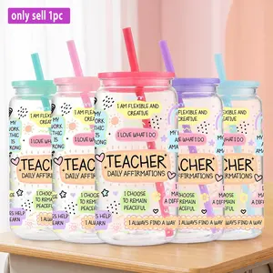 1pc/16oz/500ml/Plastic Mason Cup With Lids And Straw,Iced Coffee Cup,Mason Jar,Vibrant Doodle Style Teacher Positive Affirmations Festive Gift Design,Great For Birthday And Anniversary Commemorative Gifts,Summer Gifts,Holiday Party Supplies