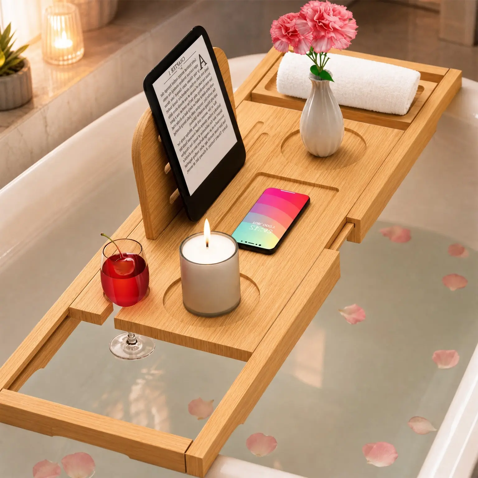 Premium Expandable Bamboo Bathtub Tray Caddy - Bath Tub Tray Table, Fits Most BathtubsGift