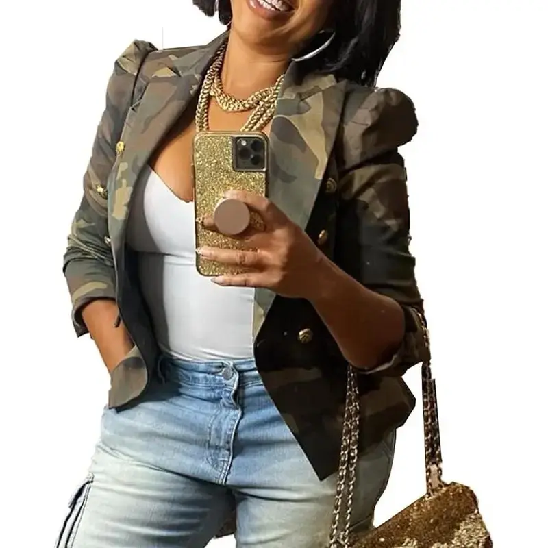 Camouflage Jacket for Women Lightweight Casual Long Sleeve Lapel Camo Blazer Jackets with Pockets