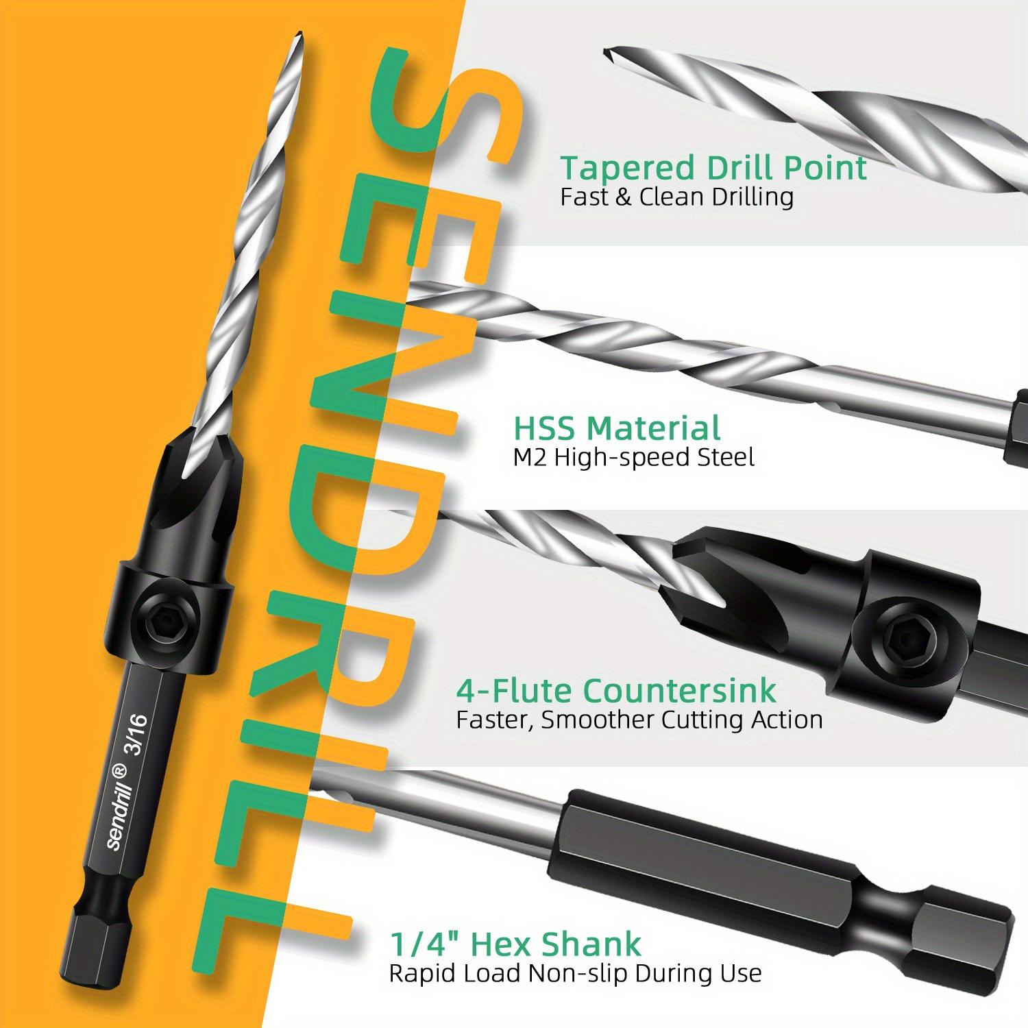 SENDRILL 17pcs Countersink Drill Bits Set, Tapered Drill Bits For Wood, With Phillips Screwdriver Bits, 2PCS Wood Plug Cutter, HSS, Precision Depth Control, 1/4" Hex Shank Quick Change for Woodworking with Storage Box (with One L-Wrench) SENDRILL 17pcs Countersink Drill Bits Set, Tapered Drill Bits For Wood, With Phillips Screwdriver Bits, 2PCS Wood Plug Cutter, HSS, Precision Depth Control, 1/4" Hex Shank Quick Change for Woodworking with Storage Box (with One L-Wrench)