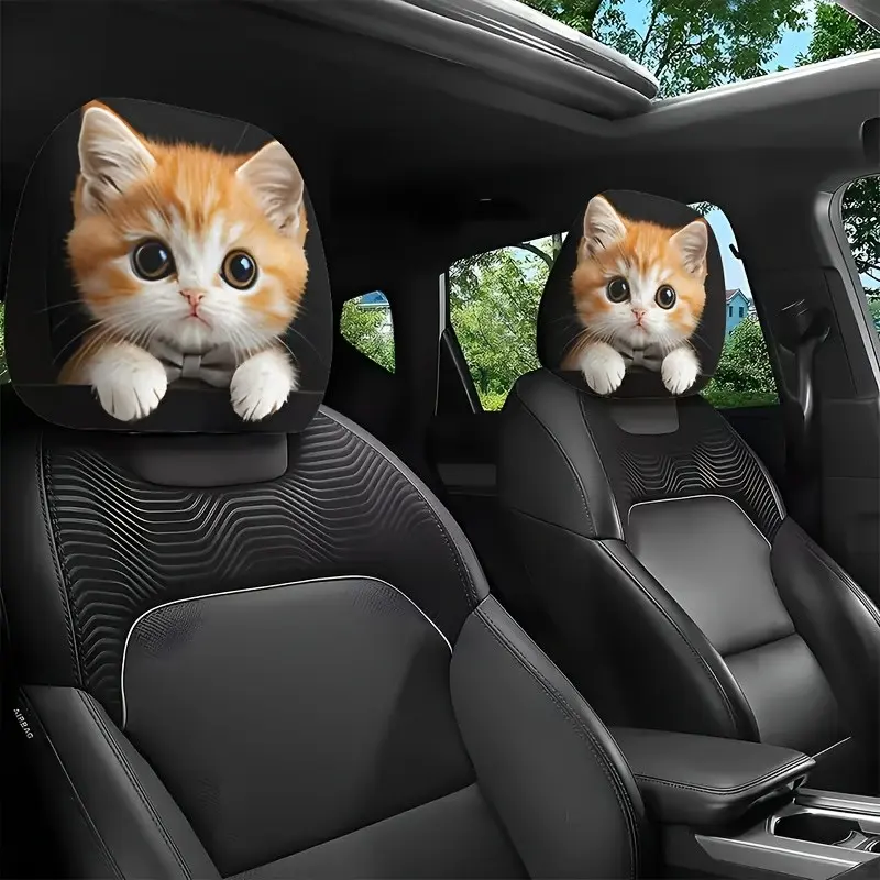 2-Pack Cute Cat Print Car Headrest Covers, Soft Knitted Polyester, Elastic Design, Universal Size, Ideal for Couples, Friends, Road Trips, Car Accessories