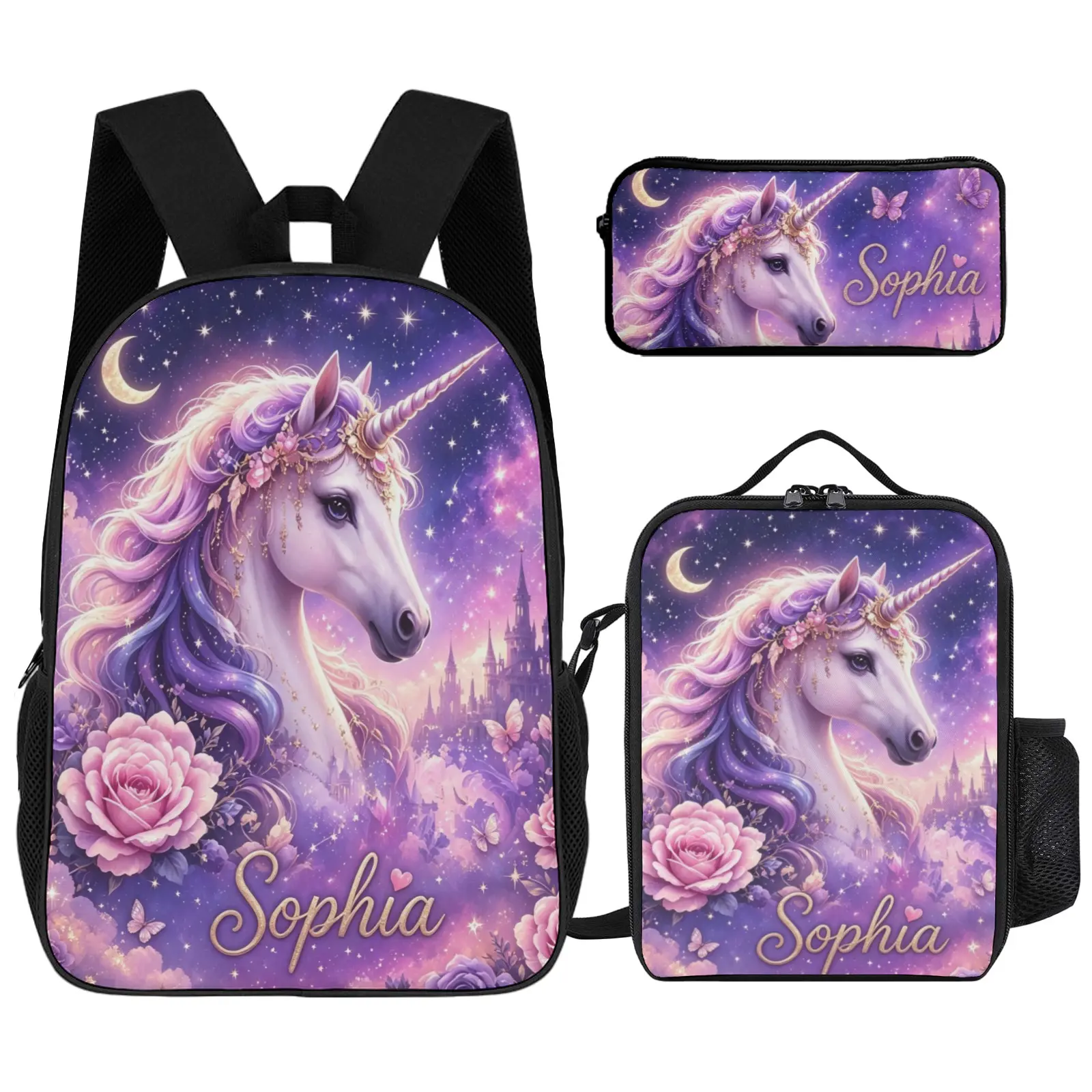 Personalized Unicorn Kids Backpack Set for Girls, Custom Name All Over Print School Bag with Insulated Lunch Box & Pencil Case, Lightweight Adjustable Padded Student Daypack, Cute Magical Unicorn Design, Unique Back To School & Birthday Gift Set