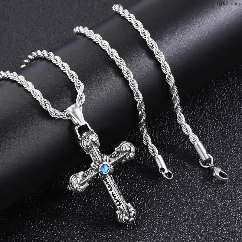 Silver Tone Vintage Engraved Cross Necklace with Blue Crystal, Twisted Rope Chain Gothic Pendant for Men