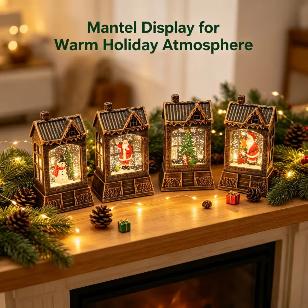 Vintage Rustic Mini Cabin Christmas Lamp, Electric Snowfall LED Light, Water-Filled Snowflake House Ornament, Holiday Desk Decor, Gift Idea