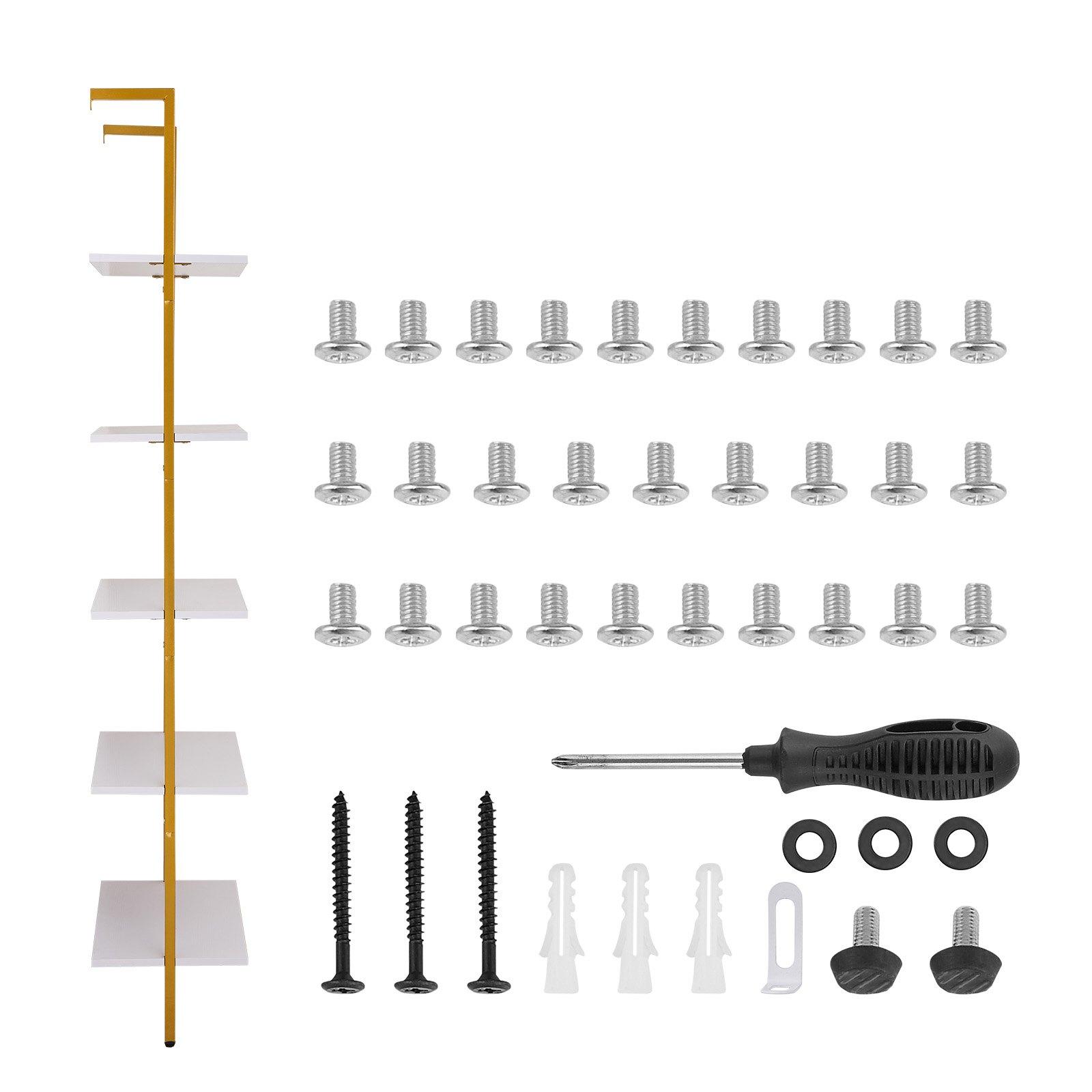 VEVOR Ladder Shelf, 5-Tier Bookshelf 24x11.8in, Open Wall-Mounted Ladder Shelf with Metal Frame,Storage Rack Sundries Holder for Kitchen Bedroom Bathroom Living Room, Gold White