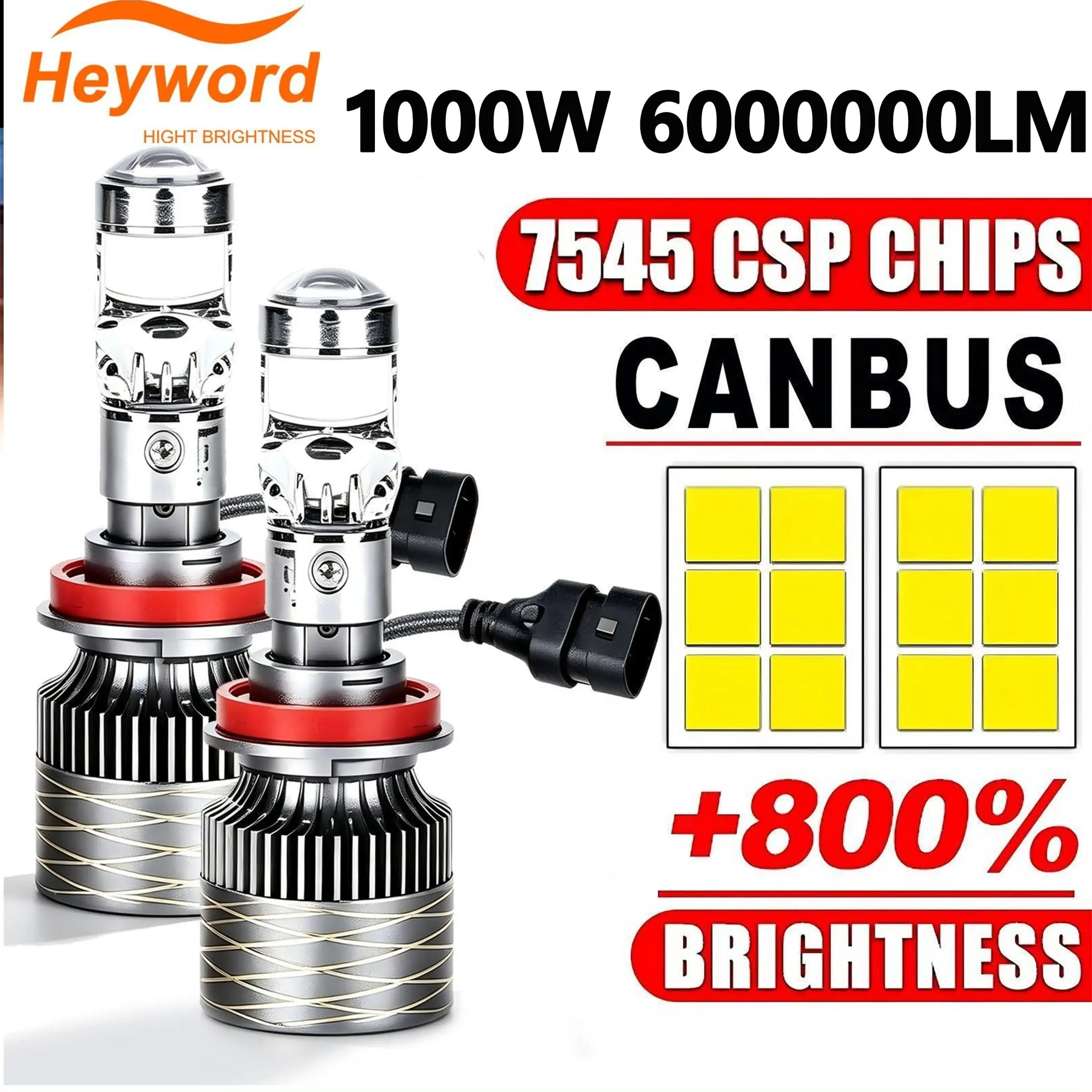 Heyword 2 Pcs 1000w H7 H4 H11 LED Mini Lens Headlights, 6000k Automotive Motorcycle Lights, Fog Lights for Vehicle Lighting