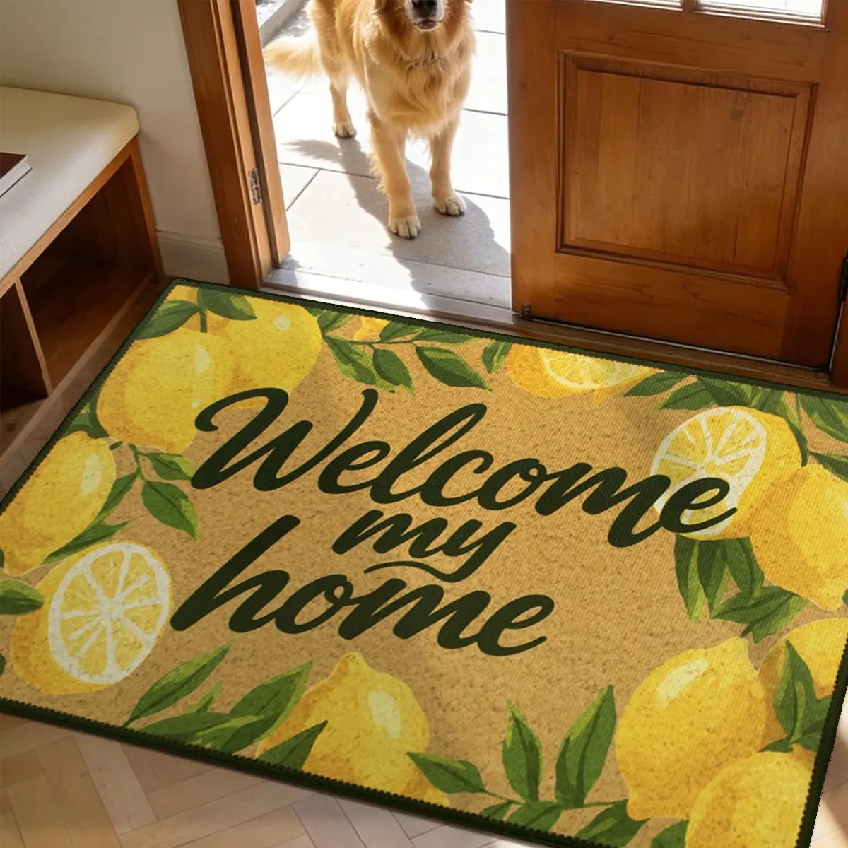 Colorful Lemon Welcome Pattern Rug, Fruit Farmhouse Style Washable Polyester Carpet, Ideal for Living Room, Kitchen, Bedroom, Entryway