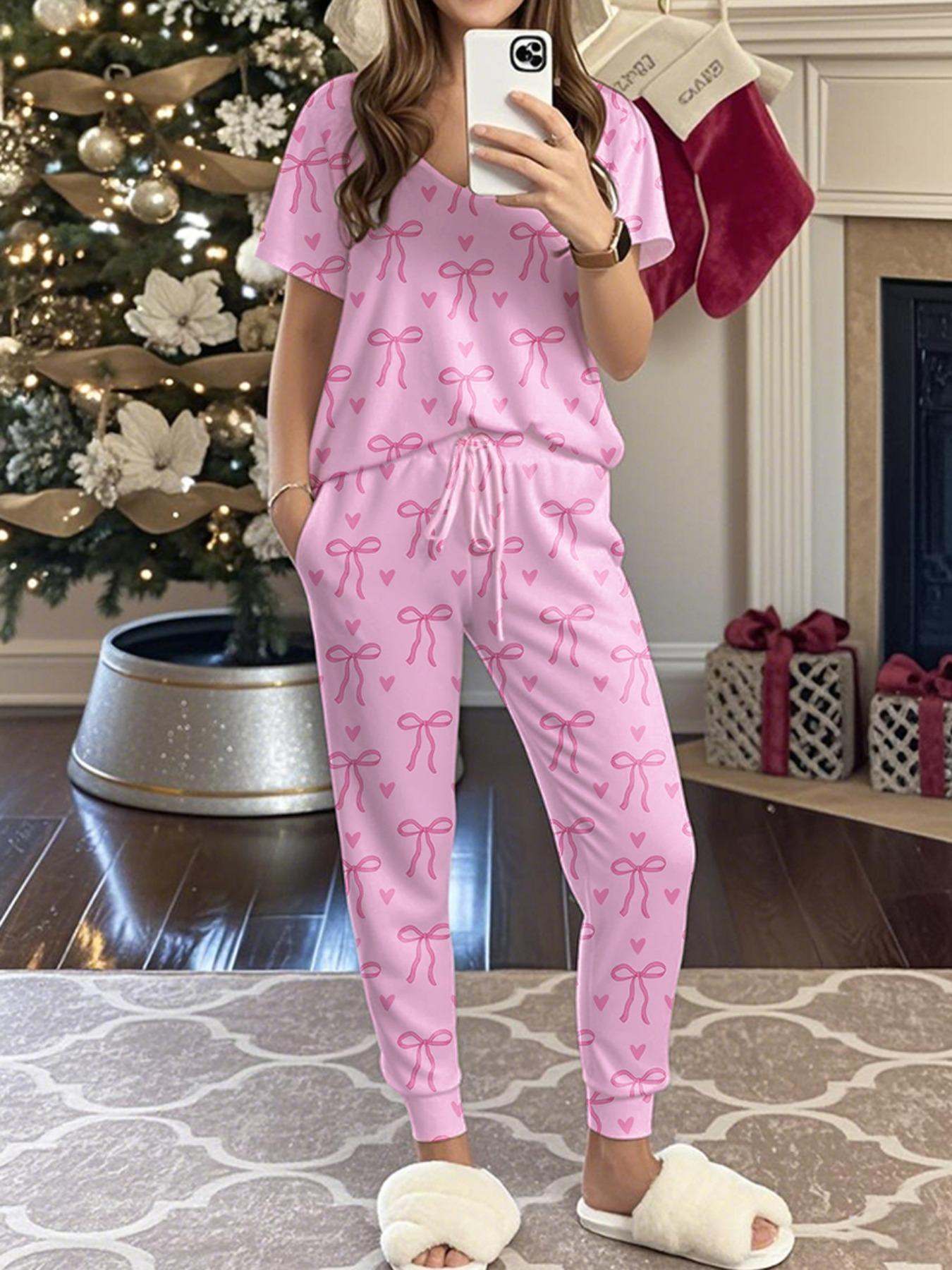 Women's Bow Print Tee & Pants Pyjama Two-piece Set, Casual Comfy Round Neck Short Sleeve T-shirt & Trousers Pj Set, Ladies Sleepwear for All Seasons, Loungewear, Pajamas, Nightwear Lounge Set