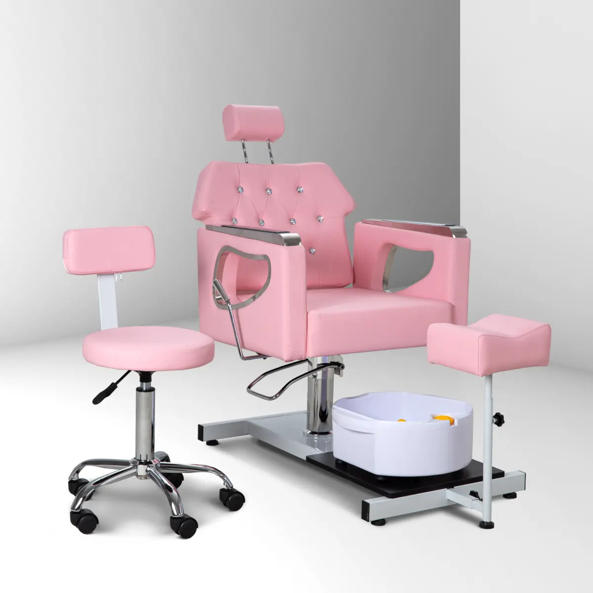 AobtkelPedicure Chair No Plumbing,Reclining Pedicure Station Unit with Adjustable Height and 360 Swivel,Hydraulic Foot Spa Chiar with Footrest and Massage Foot Bath, Pink On-Site