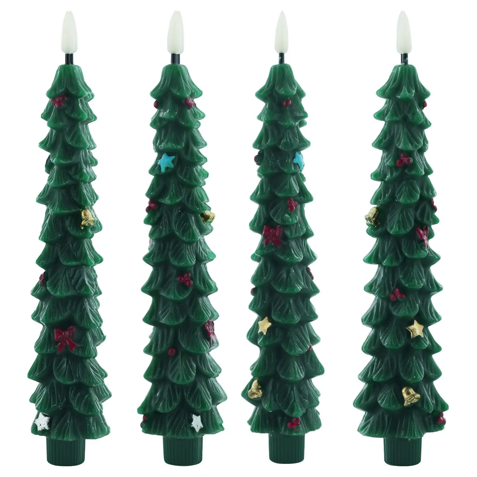 4Pcs Tree Shape Christmas Flameless Taper Candles Set - 9.5" Real Wax Window Candlesticks, Remote Control, Timer, Battery-Operated LED 3D Flickering Flame, Mini Star Ornaments - Christmas Decorations for Tabletop, Gift