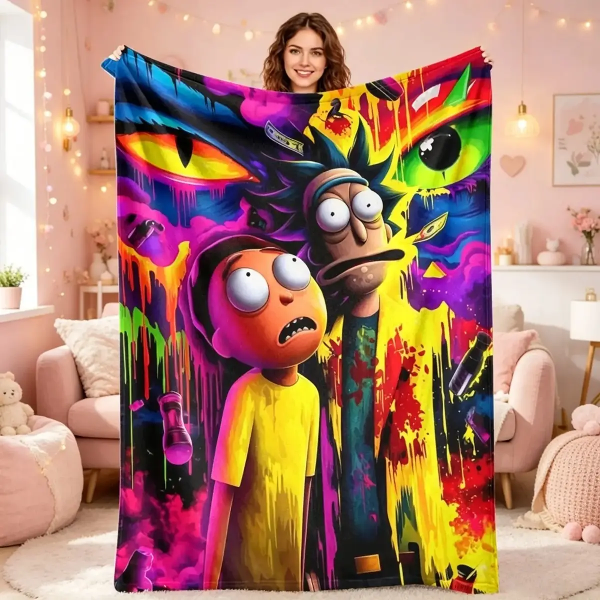 Rick and Morty Psychedelic Cartoon Flannel Blanket, Animated Graphic Throw, Super Soft Cozy Throw, Plush Sofa Bed Travel Blanket, Movie Night Home Decor Gift for Animation Fans