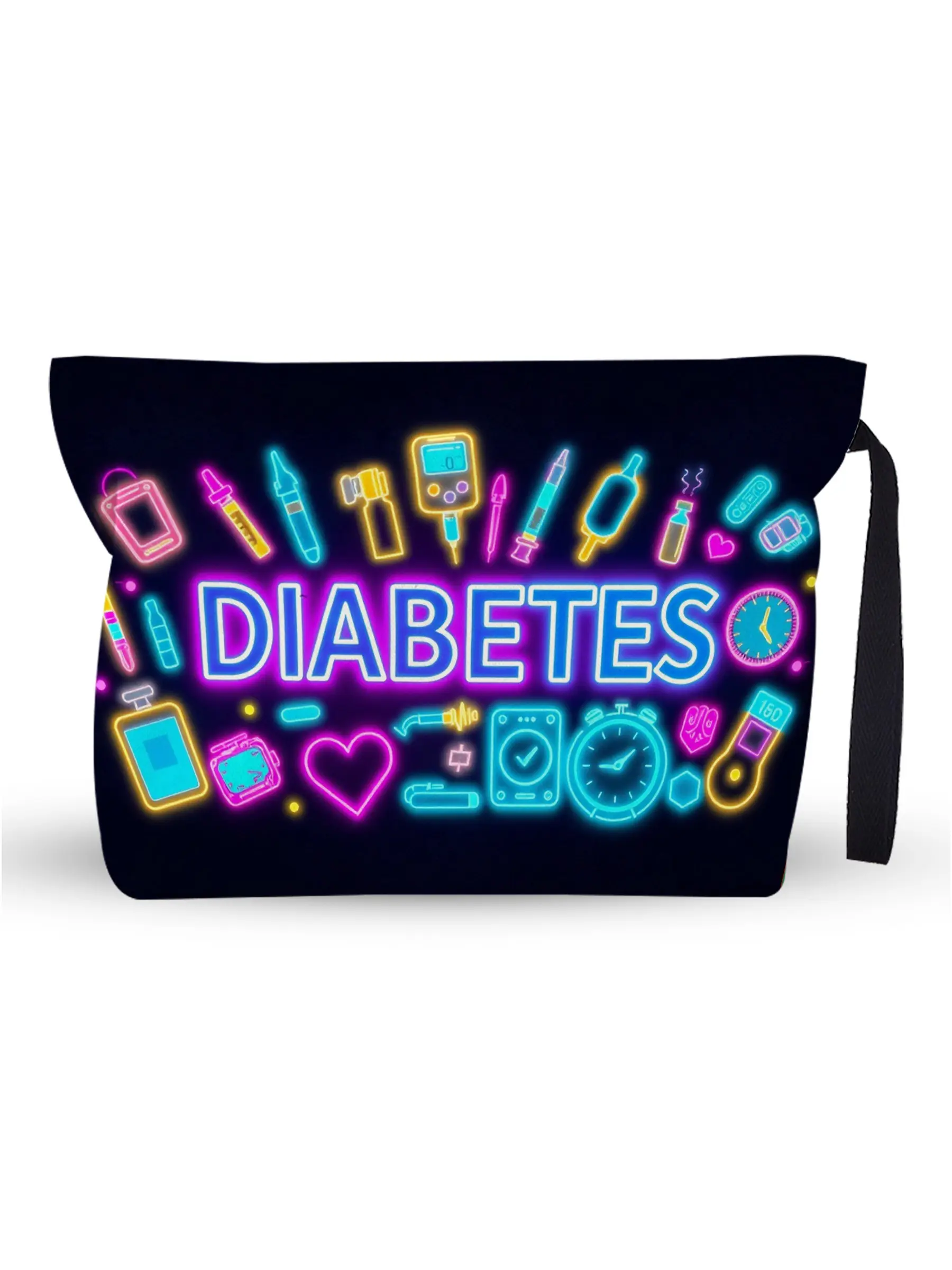 “Diabetes” Neon Medical Organizer Pouch - Large Capacity Travel Toiletry Bag with Wrist Strap & Lining, Practical Gift for Diabetics (Thoughtful & Supportive) - Great for Awareness Occasions, Christmas, Birthdays, Holding Glucose Meter, Test Strips