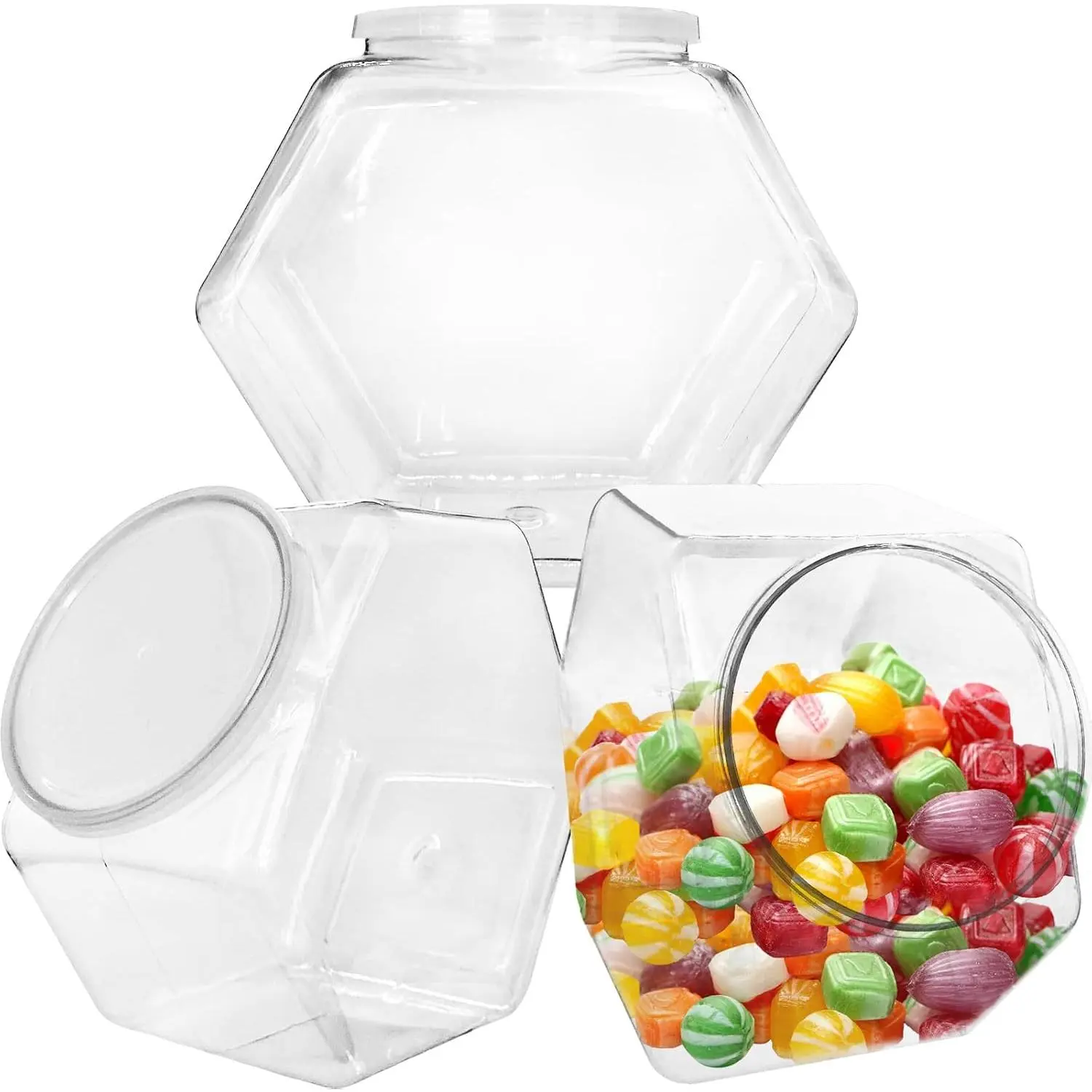 3-Pack Hexagonal Plastic Candy Canisters with Lids - 71oz Home Organizer Kitchen Counter Storage Containers for Dry Food, Candy Buffet (3-Piece Set)