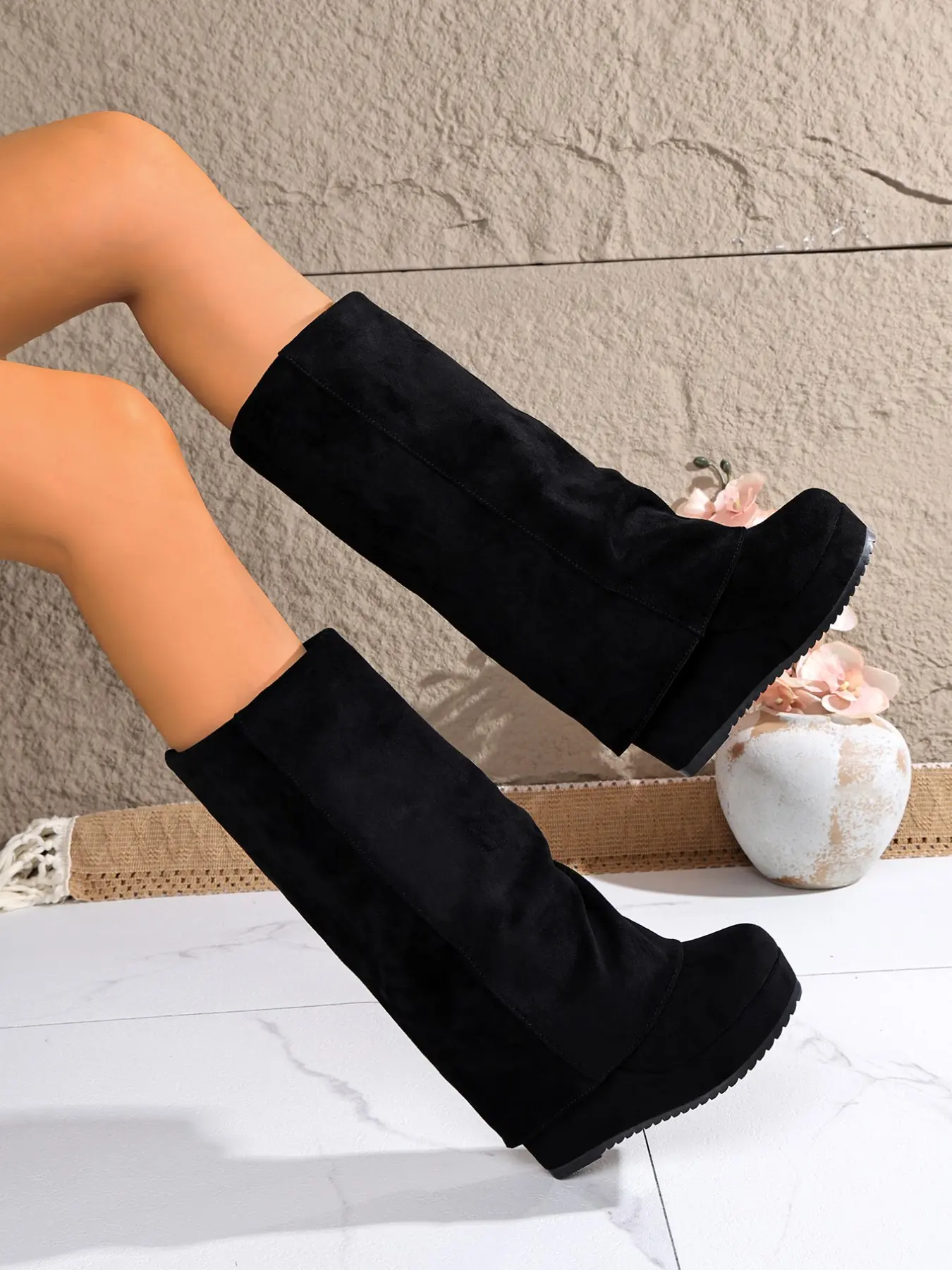 New Fall Winter Chunky Heel Mid-Calf Boots, Retro Turn-Down Cuff Design, Slimming Height-Increasing Women's Boots, Fashionable & Comfortable, Block Heeled Boots