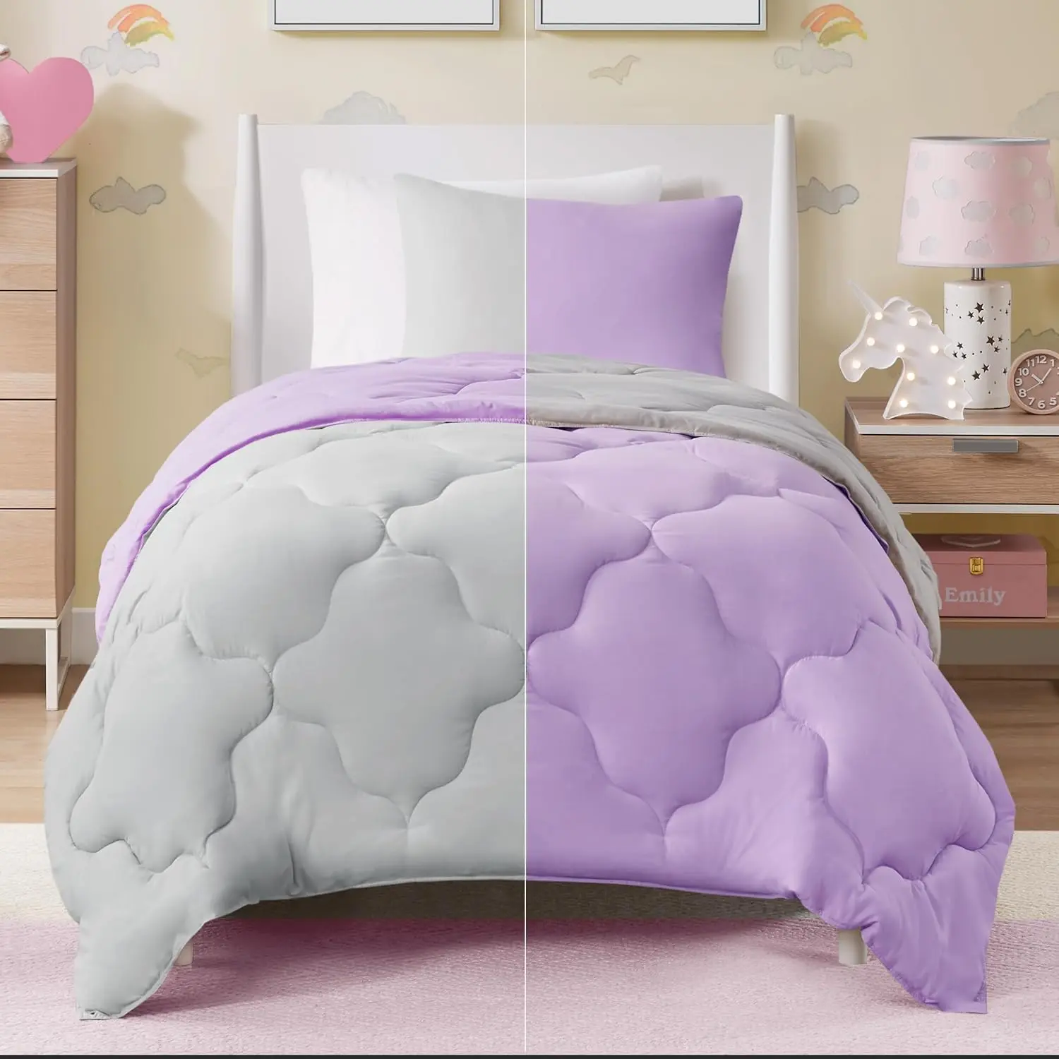 Vixie Reversible Comforter Set - Casual Geometric Quilted Cover, All Season Down Alternative Cozy Bedding, Matching Sham, Lavendar/Gray, Twin/Twin XL 2 piece