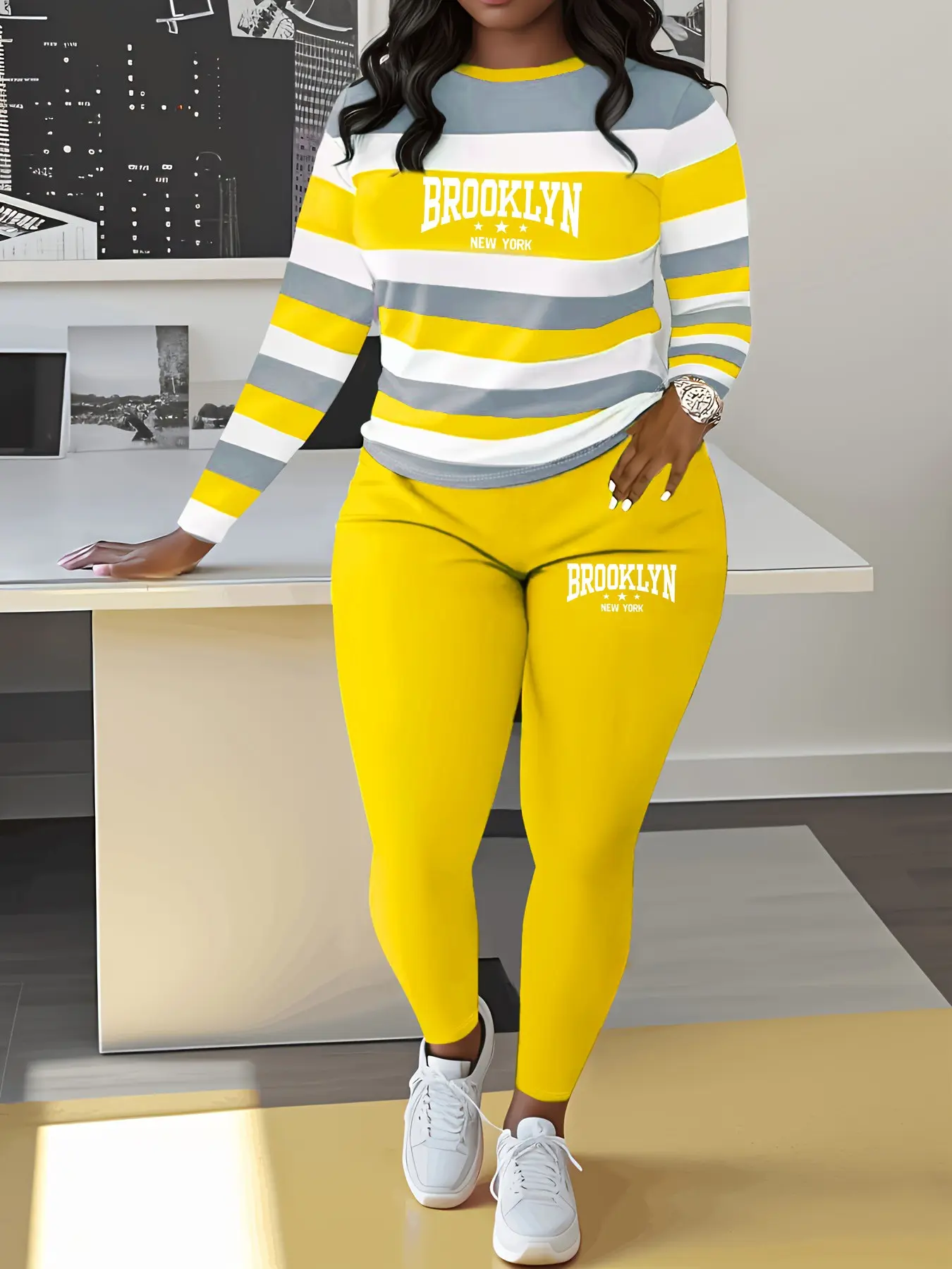 Brooklyn Letter Print Striped Two-Piece Set Clothes, Casual Spring & Fall, Round Neck Long Sleeve Top, Natural Waist Long Pants Women