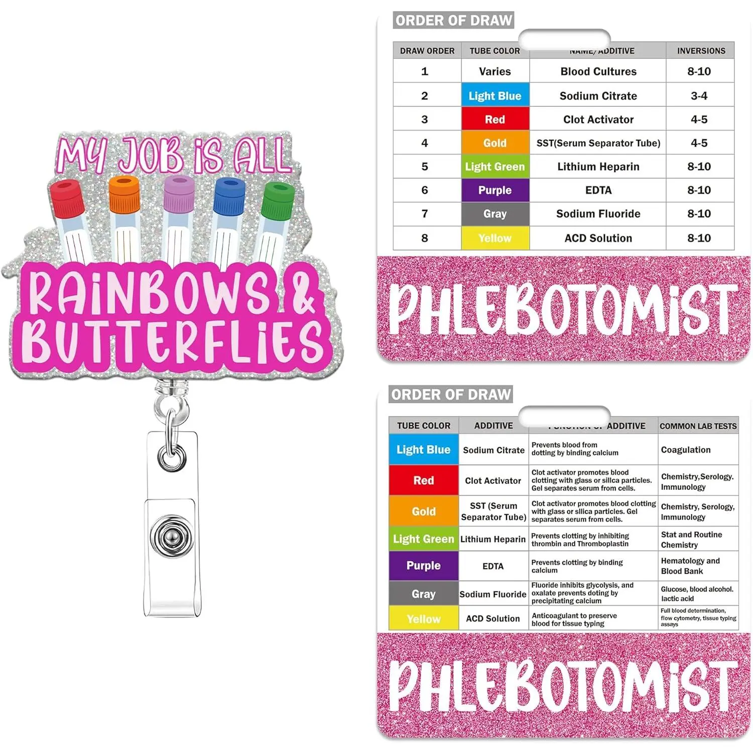 Phlebotomy Badge Reel Retractable Holder - Phlebotomist Nurse Badge Buddy,  Glitter Nurse ID Badge with  Clip,  Staff Gifts Work Reference Card