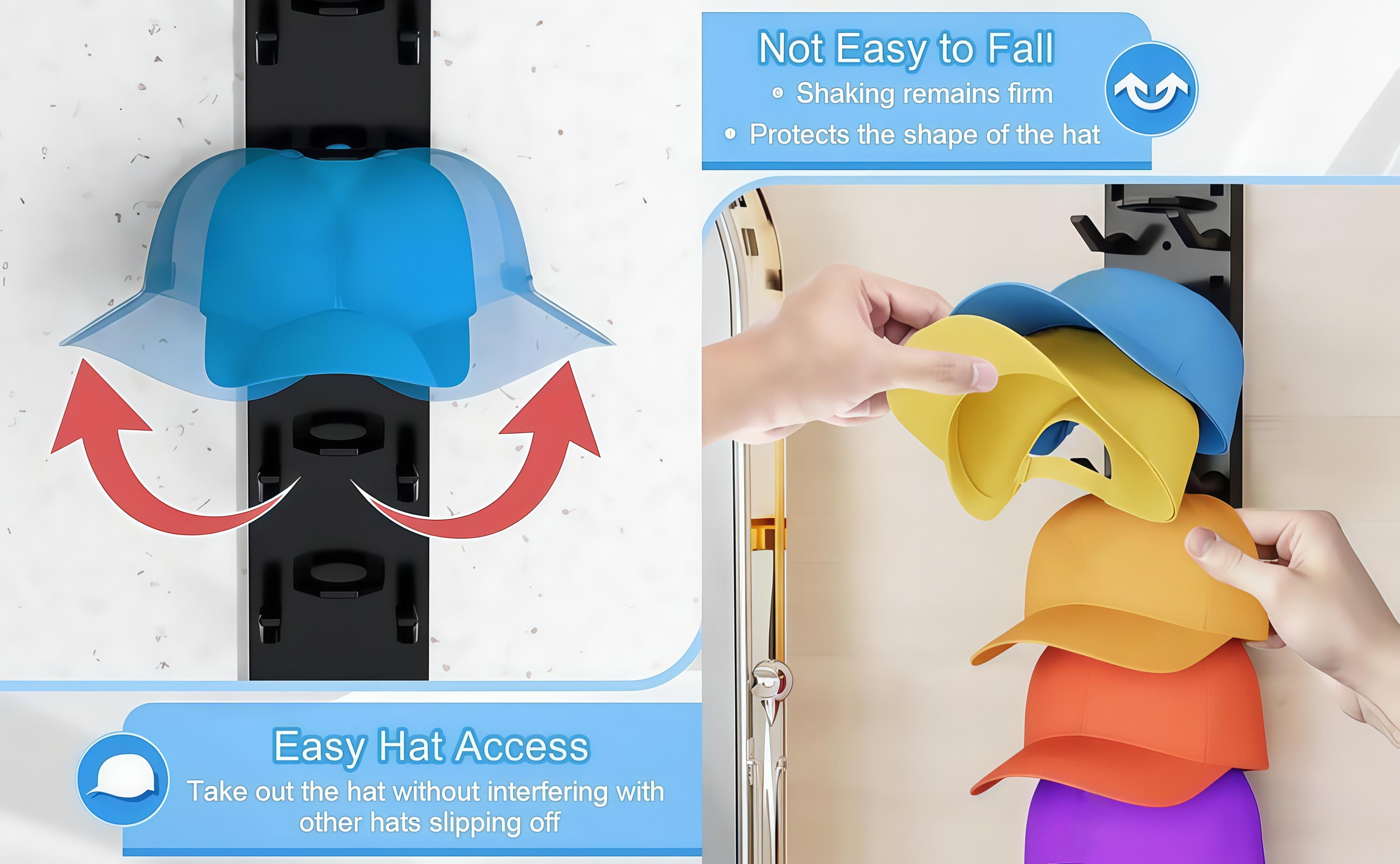 2 Pack Hat Organizer  Wall Mounted Baseball Cap Rack Black or White Adhesive Mount Stable Structure Holds 18 Hats for Closet Door & Bedroom Easy Access Display Hanger