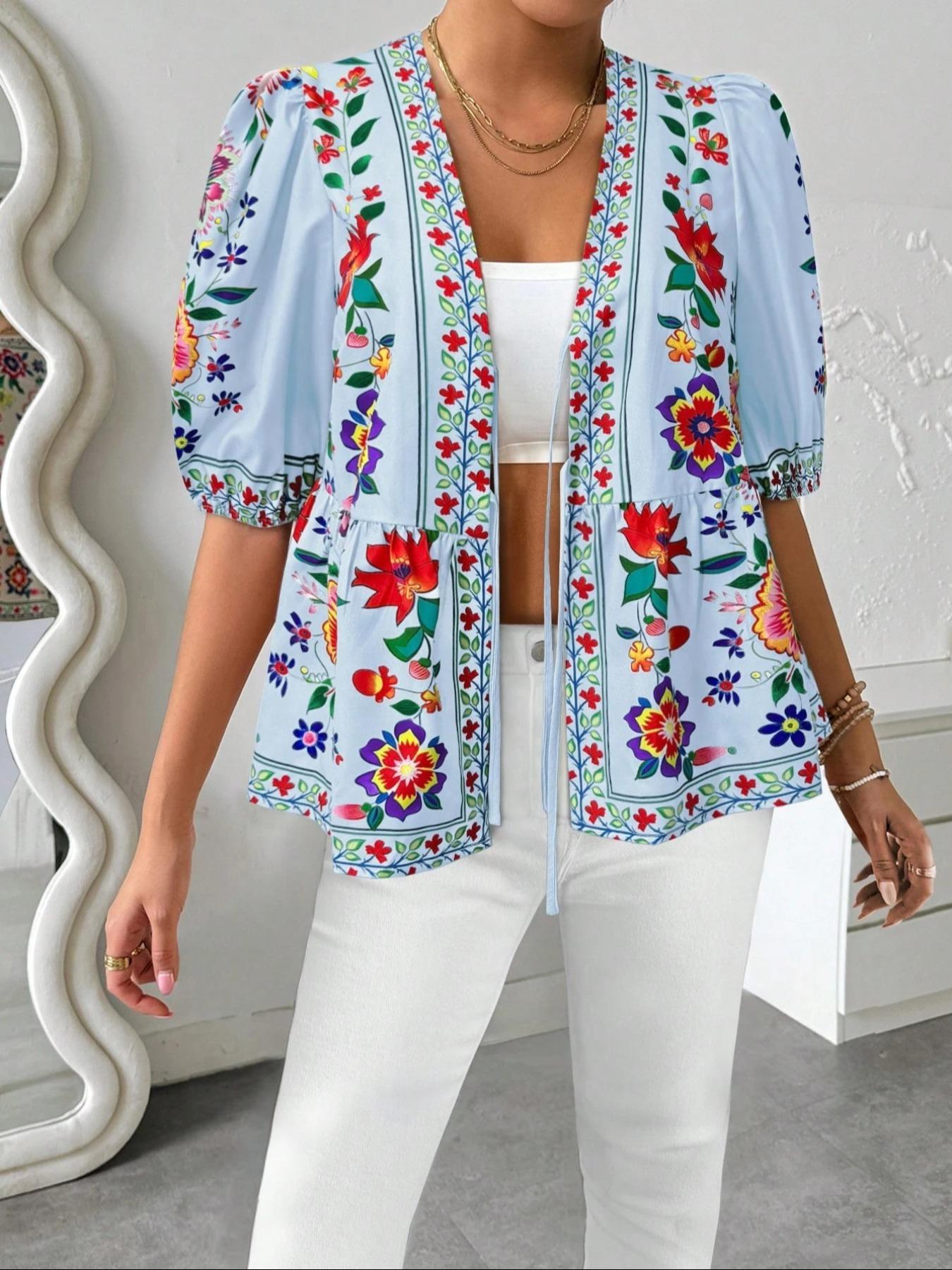 Women's Floral Print Tie Front Blouse, Boho Floral Printed, Boho Casual Fashionable Top for Daily Holiday Vacation Wear, Women Clothing for Summer, Lady, Womenswear